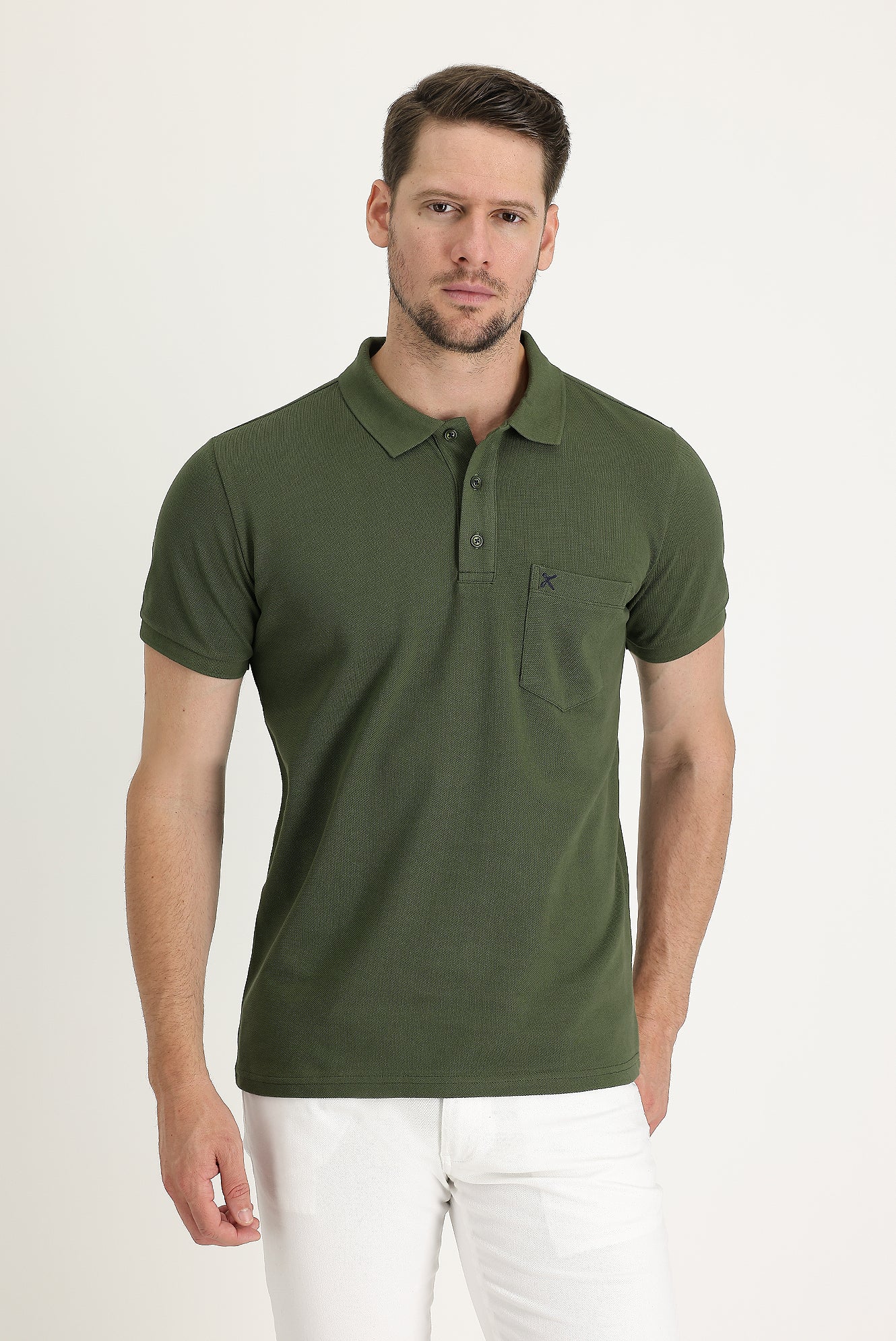 Asker Haki Cepli Polo Yaka Regular Fit Nakışlı Pamuk Tişört - Image 2