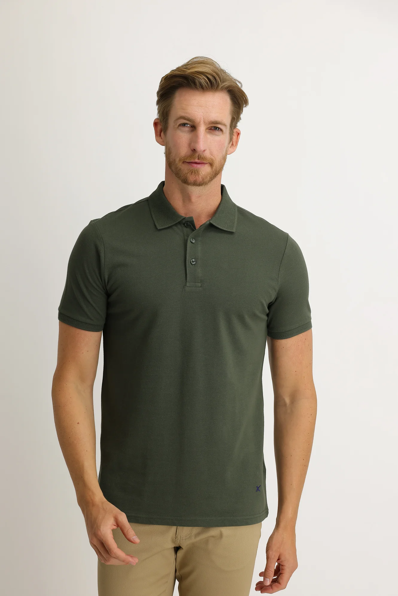 Asker Haki Polo Yaka Slim Fit Dar Kesim Nakışlı Tişört - Image 2