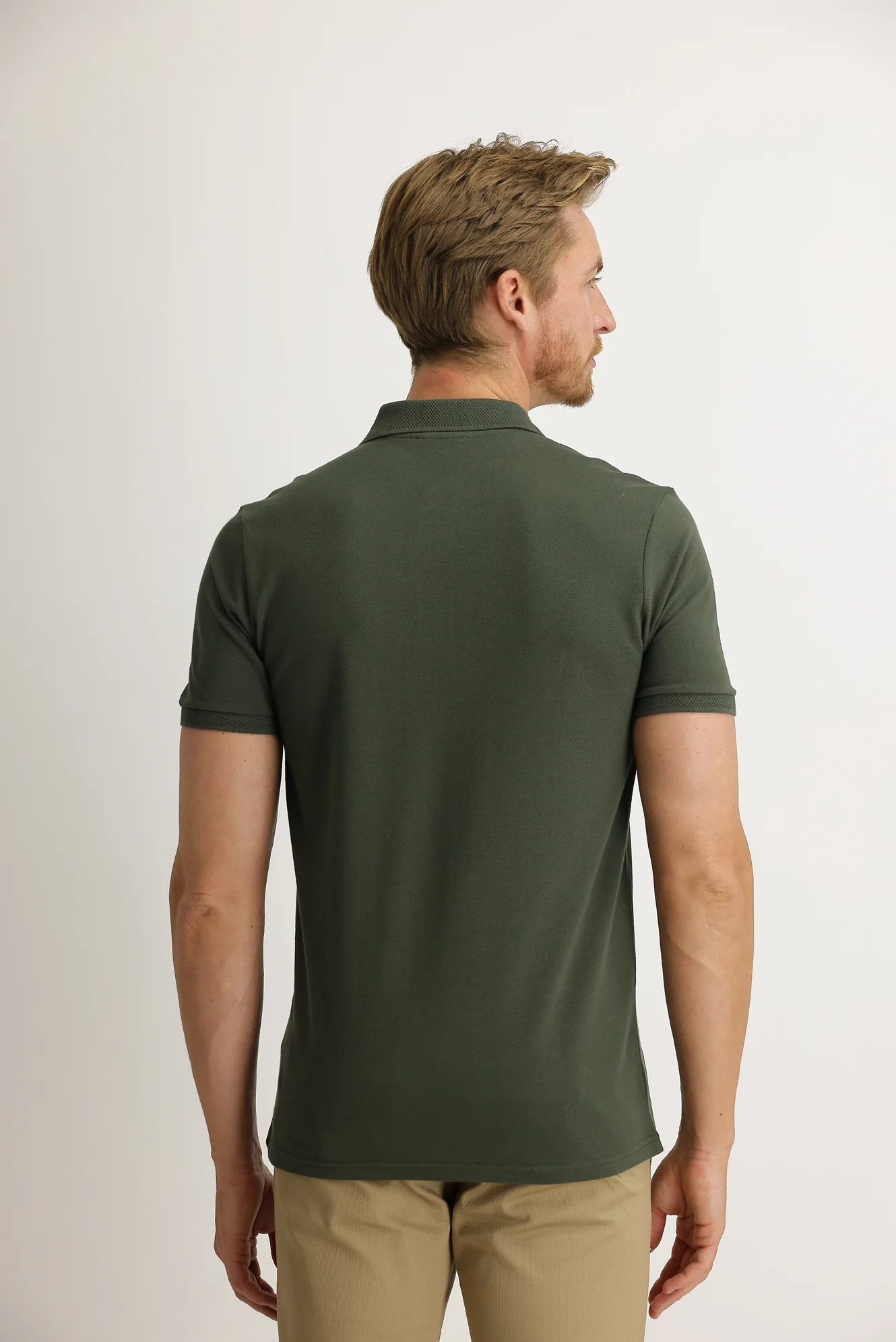 Asker Haki Polo Yaka Slim Fit Dar Kesim Nakışlı Tişört - Image 5