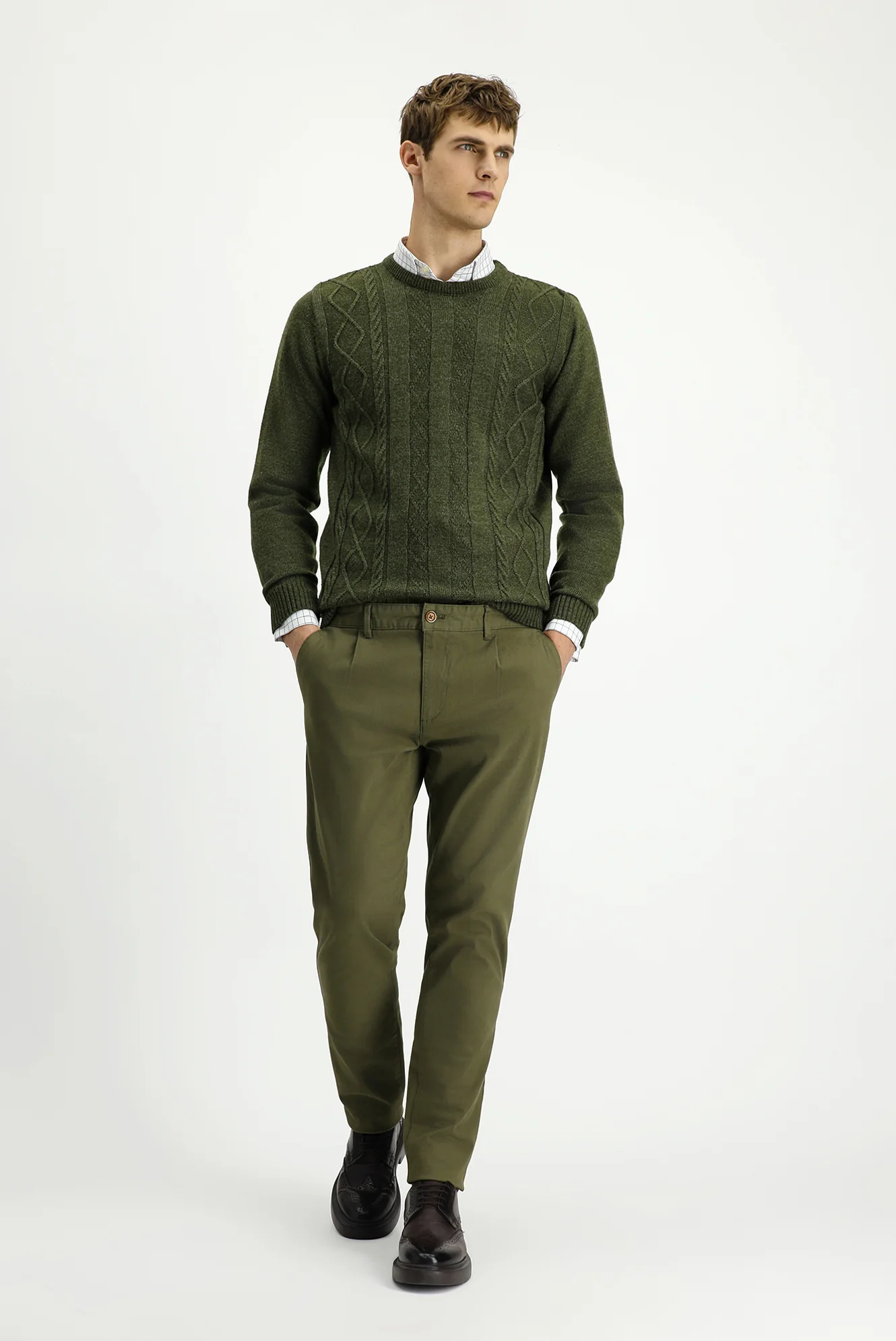 Asker Haki Regular Fit Standart Kesim Likralı Pileli Kanvas / Chino Pantolon