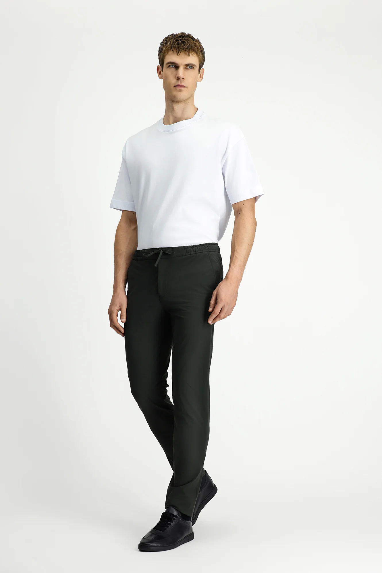 Asker Haki 7 Drop Slim Fit Dar Kesim Beli Lastikli İpli Klasik Kumaş Pantolon - Image 3