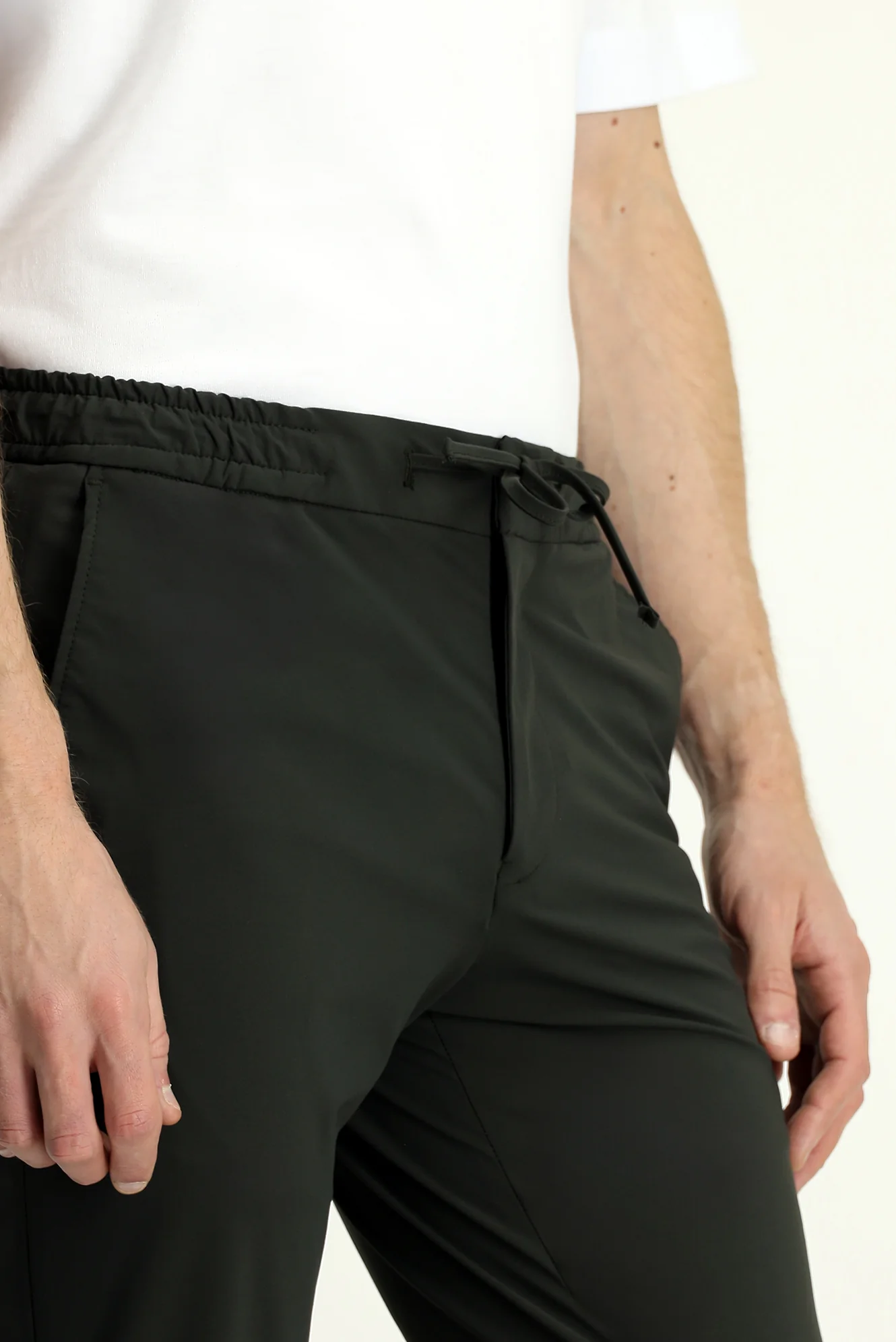 Asker Haki 7 Drop Slim Fit Dar Kesim Beli Lastikli İpli Klasik Kumaş Pantolon - Image 5