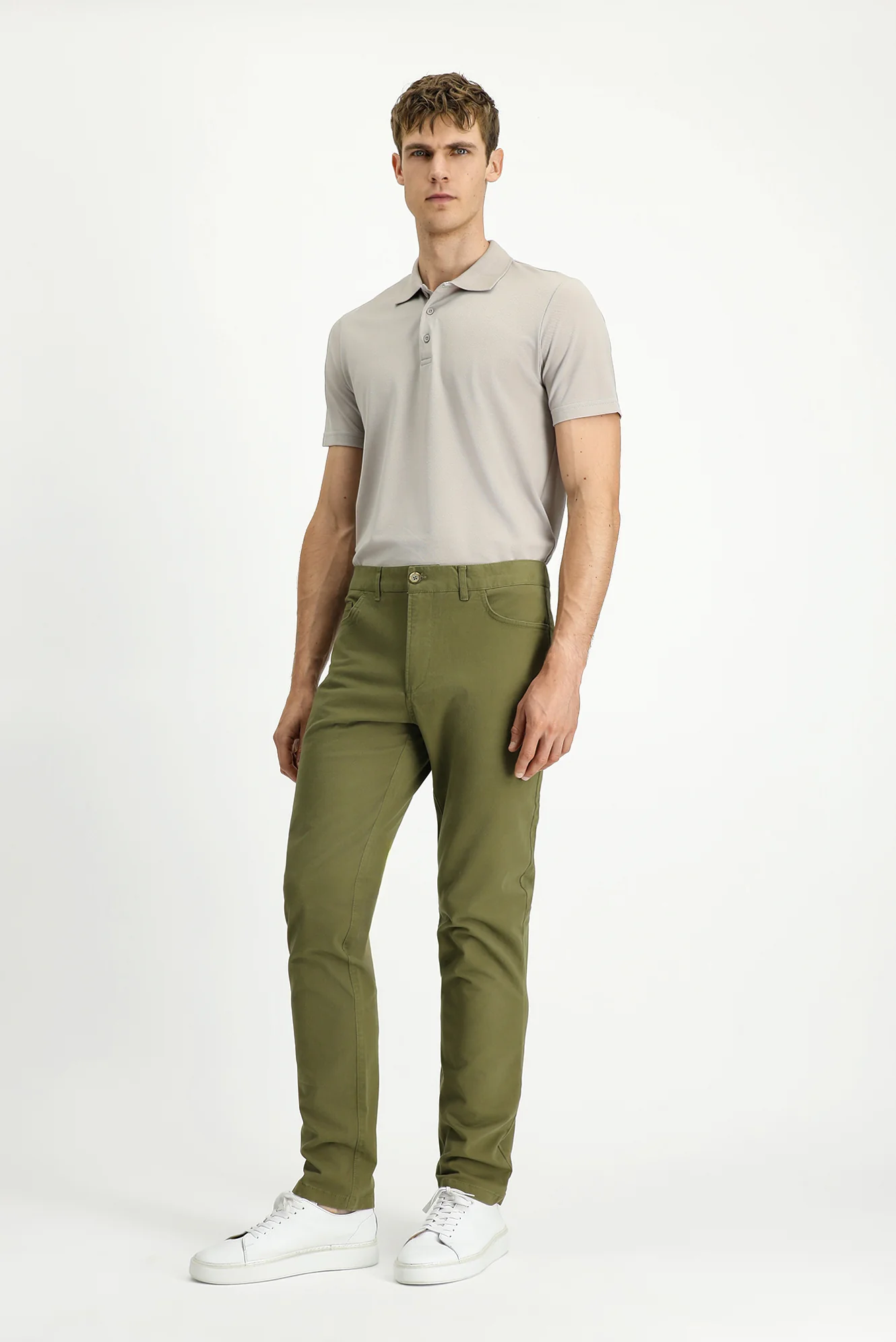 Asker Haki Slim Fit Dar Kesim Likralı Yandan Cepli Kanvas / Chino Pantolon - Image 2