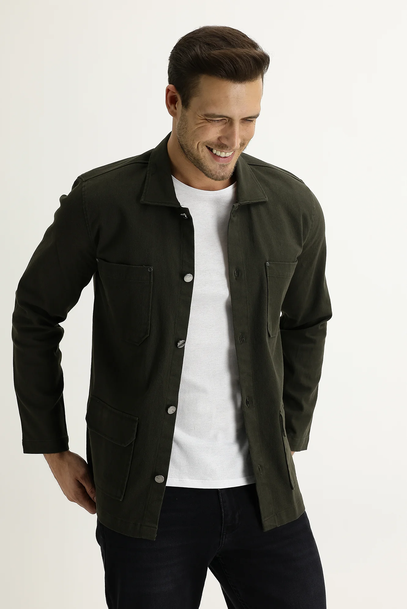 Asker Haki Slim Fit Dar Kesim Shacket Gömlek / Mont