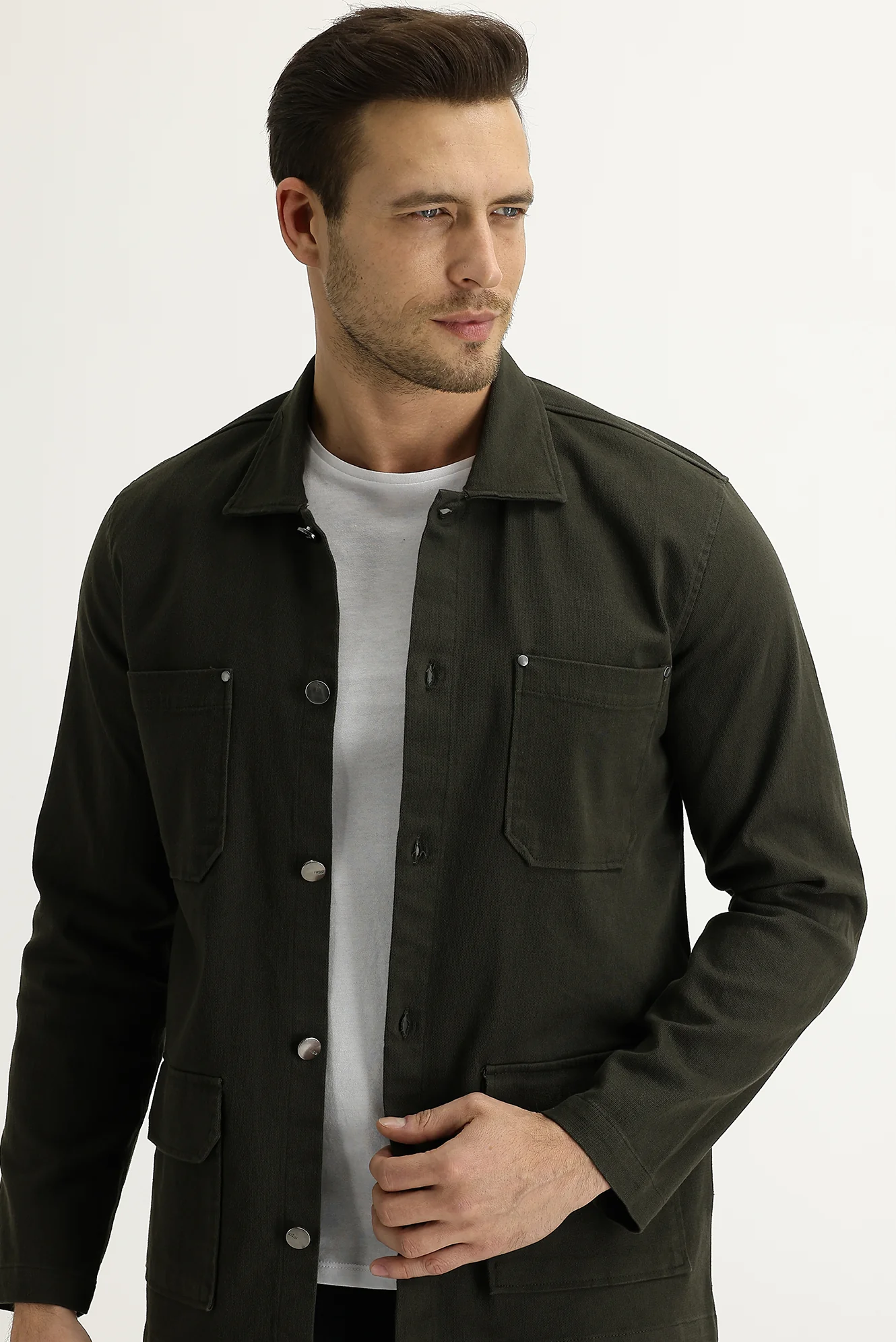 Asker Haki Slim Fit Dar Kesim Shacket Gömlek / Mont - Image 2
