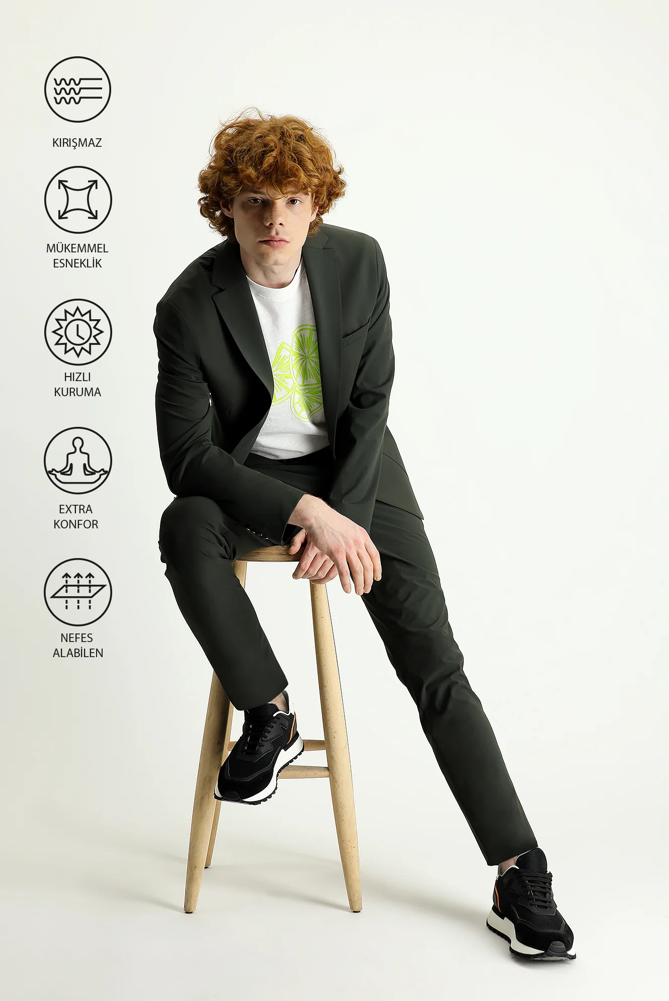 Asker Haki Techno-Line 7 Drop Slim Fit Dar Kesim Beli Lastikli İpli Likralı Klasik Kumaş Pantolon