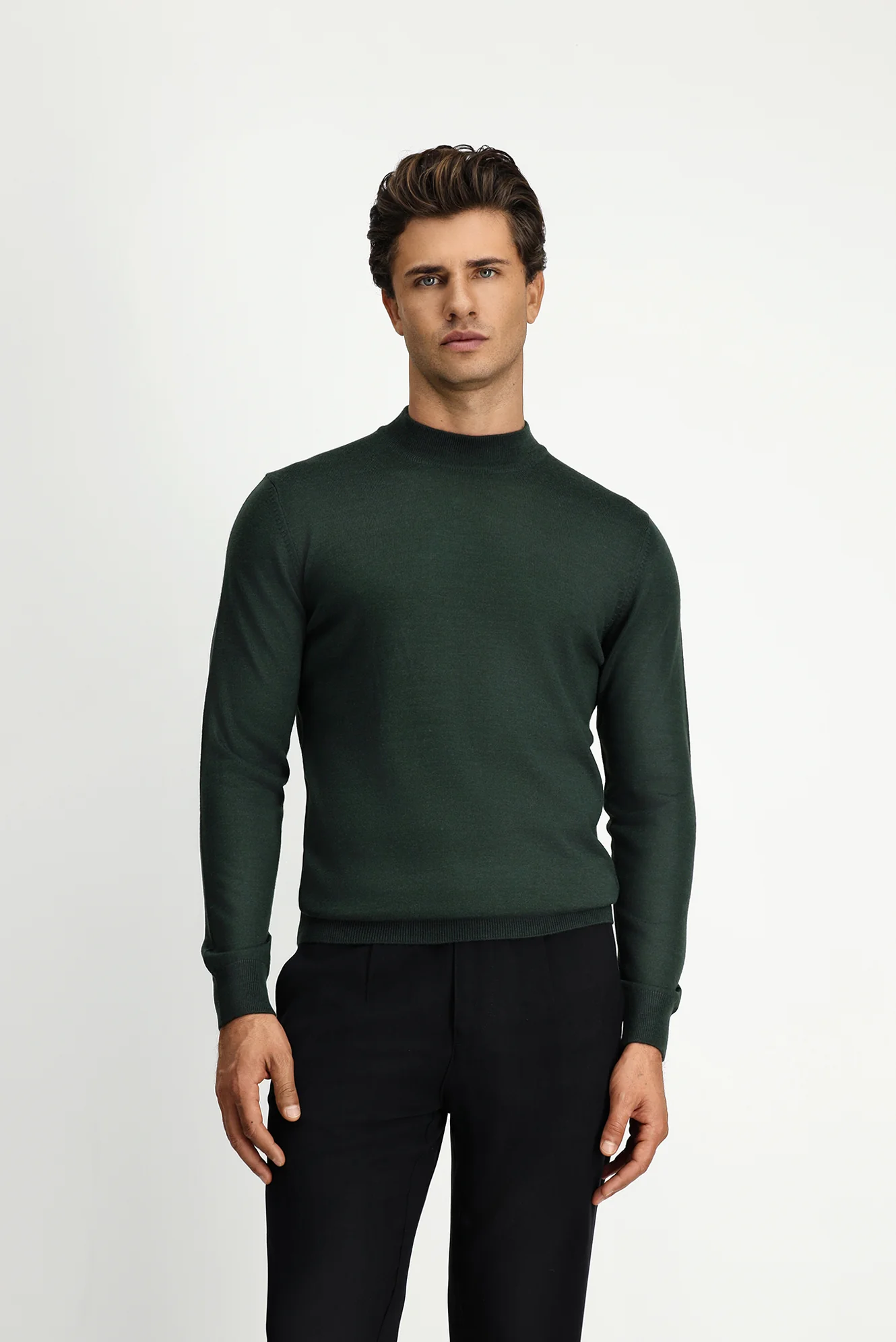 Asker Haki Yarım Balıkçı Yaka Regular Fit Yünlü Basic Örme Triko Kazak