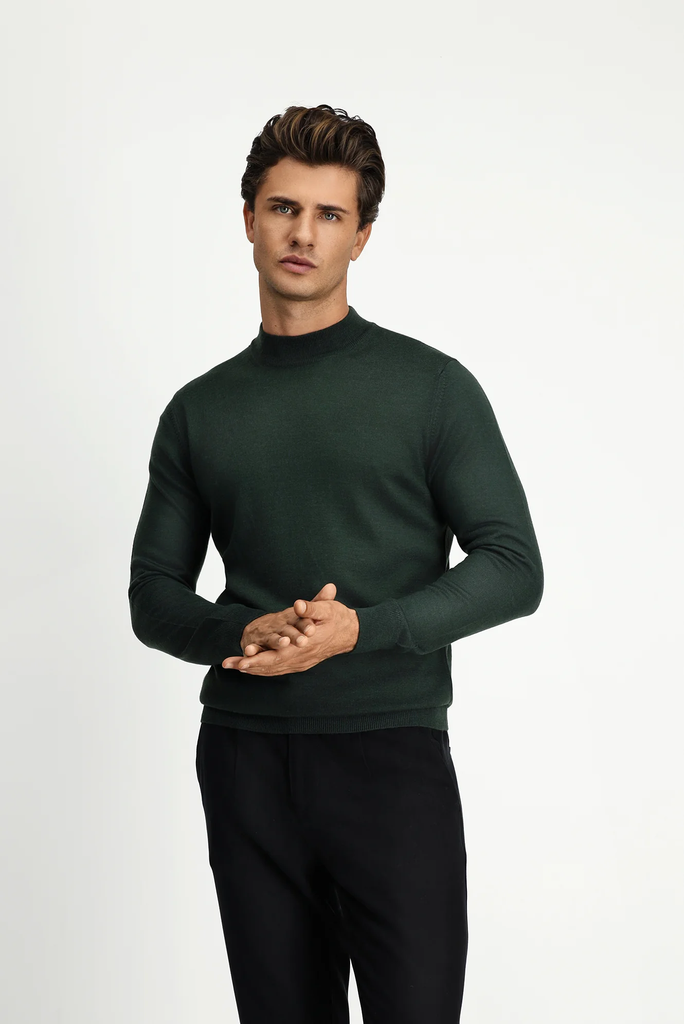 Asker Haki Yarım Balıkçı Yaka Regular Fit Yünlü Basic Örme Triko Kazak - Image 4