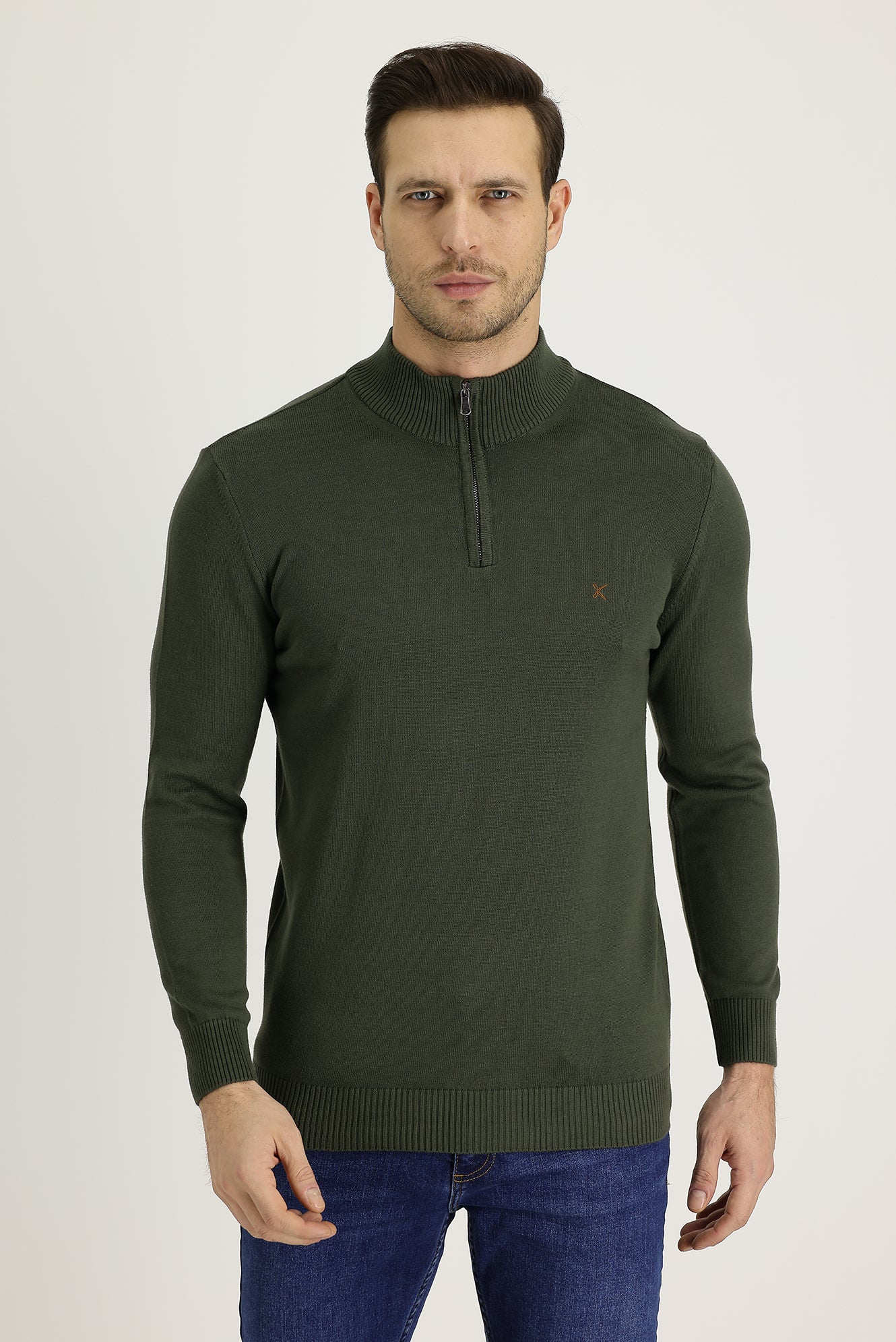 Asker Haki Yarım Balıkçı Yaka Slim Fit Dar Kesim Fermuarlı Nakışlı Pamuklu Triko Kazak - Image 2
