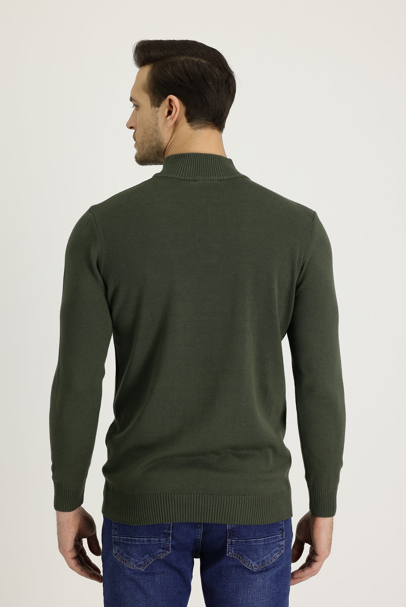 Asker Haki Yarım Balıkçı Yaka Slim Fit Dar Kesim Fermuarlı Nakışlı Pamuklu Triko Kazak - Image 4