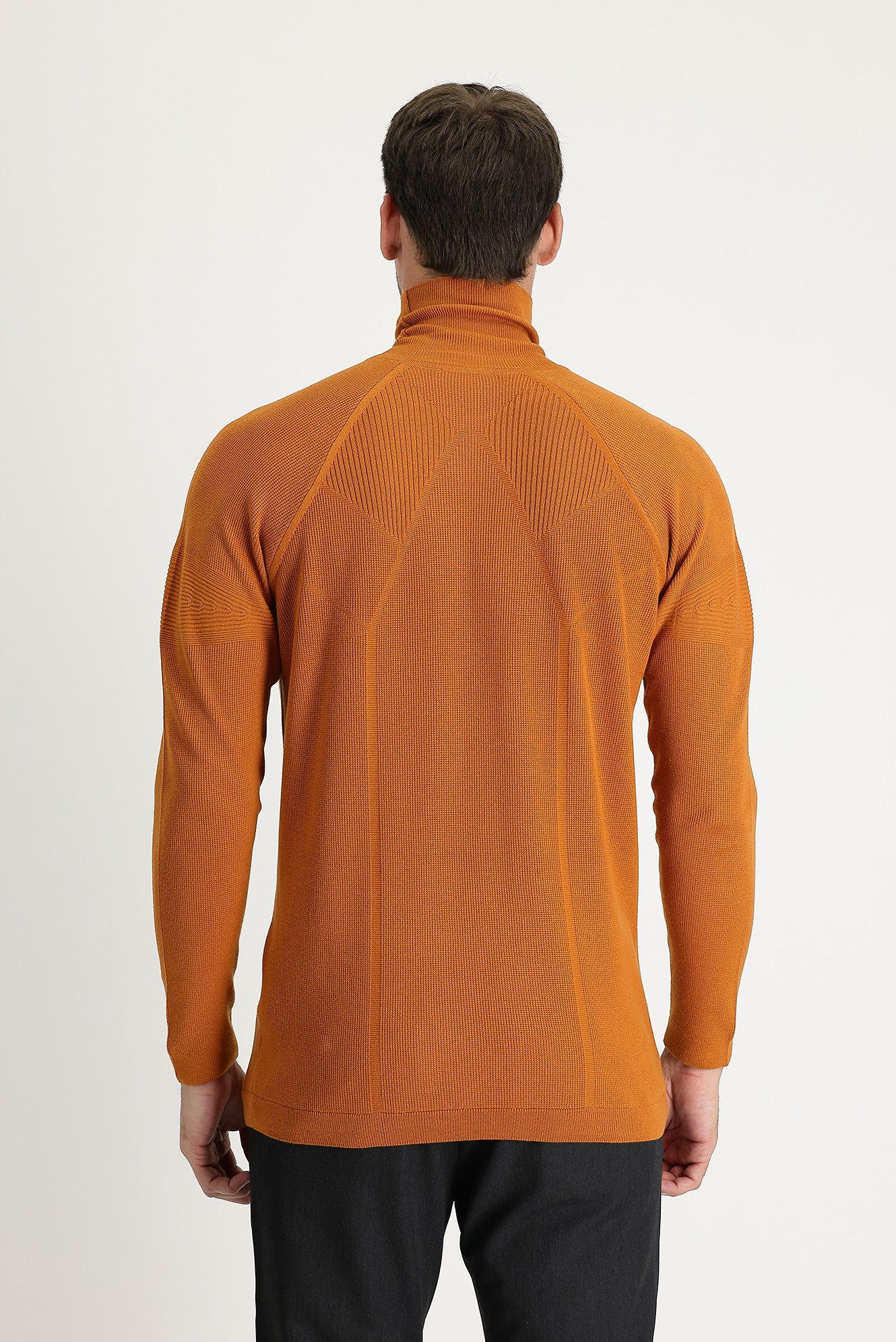 Bal Kabağı Balıkçı Yaka Slim Fit Dar Kesim Desenli Triko Kazak - Image 3