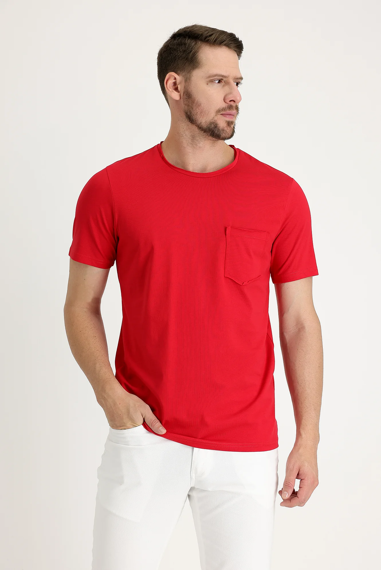 Bayrak Kırmızı Bisiklet Yaka Slim Fit Dar Kesim Tişört - Image 2
