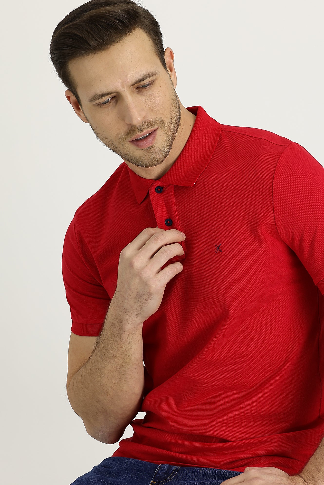 Bayrak Kırmızı Polo Yaka Slim Fit Dar Kesim Nakışlı Pamuk Tişört