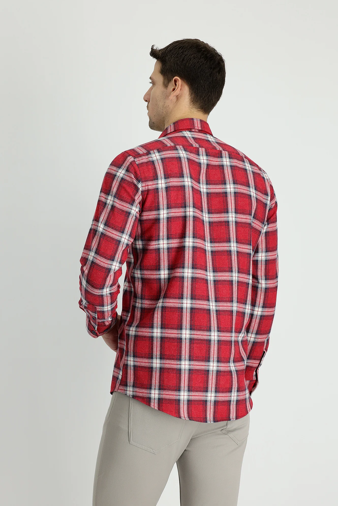 Bayrak Kırmızı Uzun Kol Slim Fit Dar Kesim Oduncu Ekose Pamuk Gömlek - Image 3