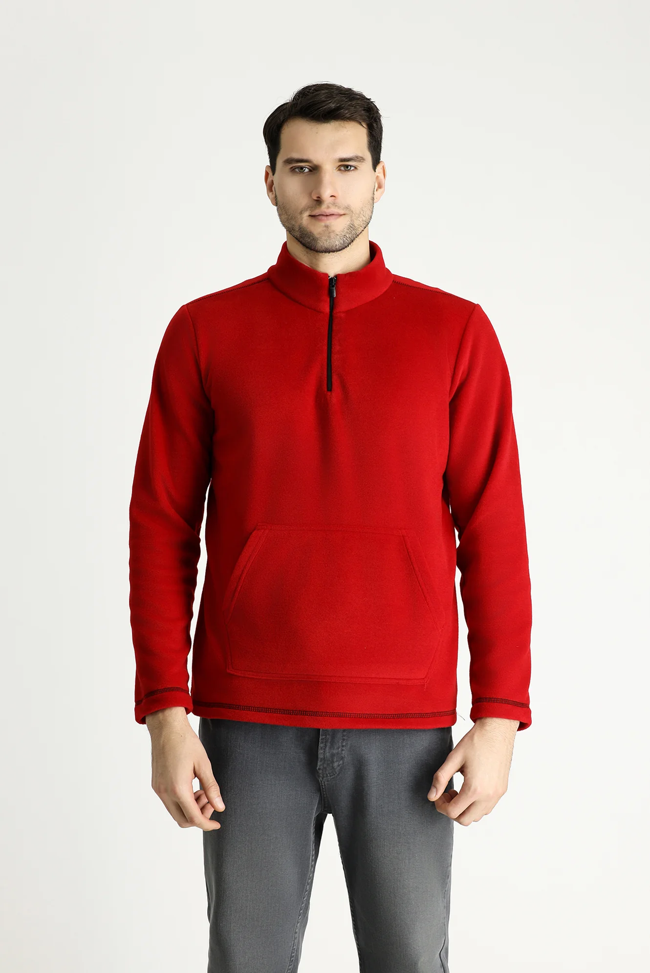 Bayrak Kırmızı Yarım Fermuarlı Polar Sweatshirt - Image 4