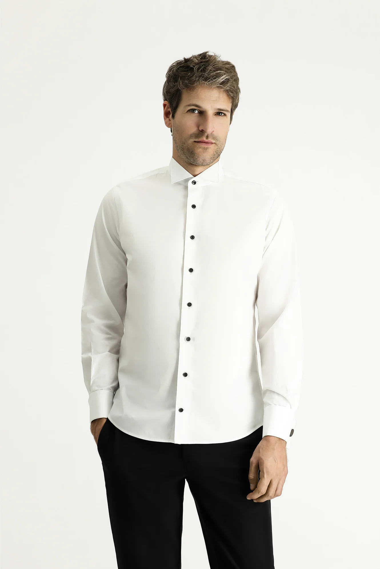 Beyaz Ata Yaka Slim Fit Dar Kesim Pamuk Gömlek - Image 3