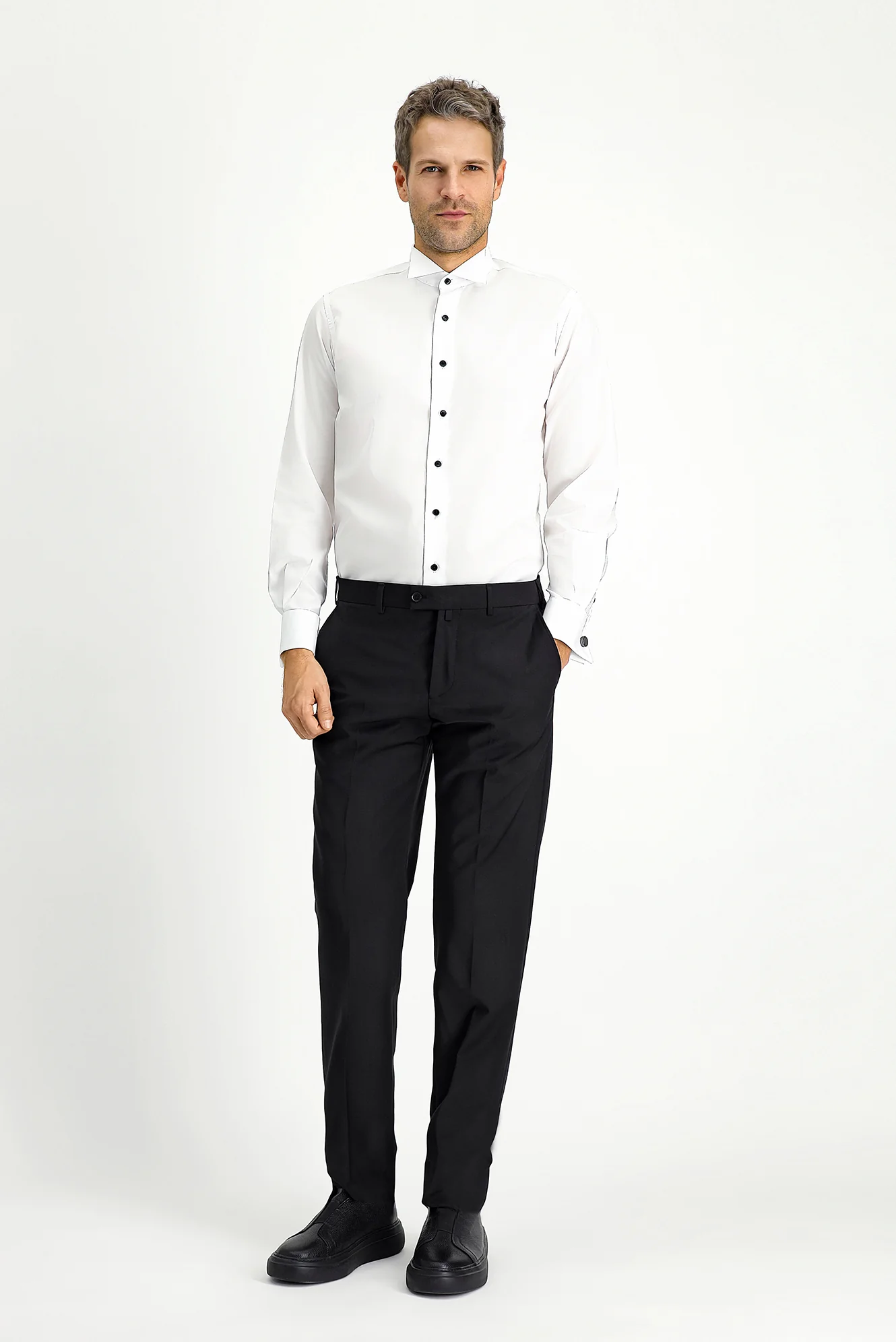 Beyaz Ata Yaka Slim Fit Dar Kesim Pamuk Gömlek - Image 2