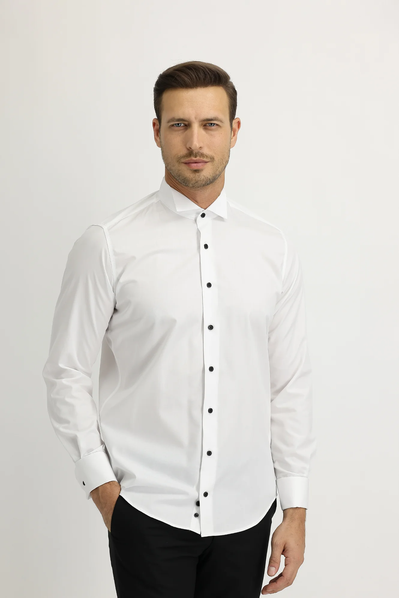 Beyaz Uzun Kol Ata Yaka Slim Fit Dar Kesim Easy Care Pamuk Gömlek - Image 2