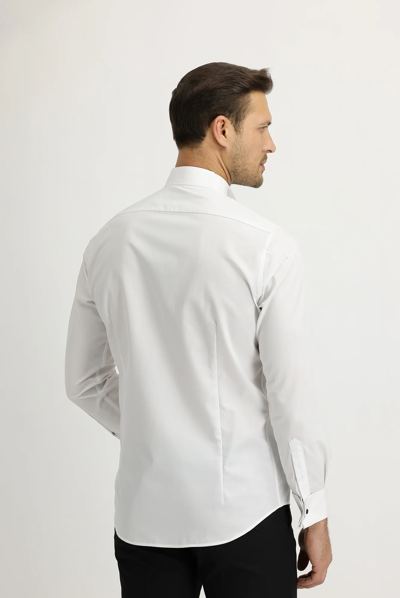 Beyaz Uzun Kol Ata Yaka Slim Fit Dar Kesim Easy Care Pamuk Gömlek - Image 5
