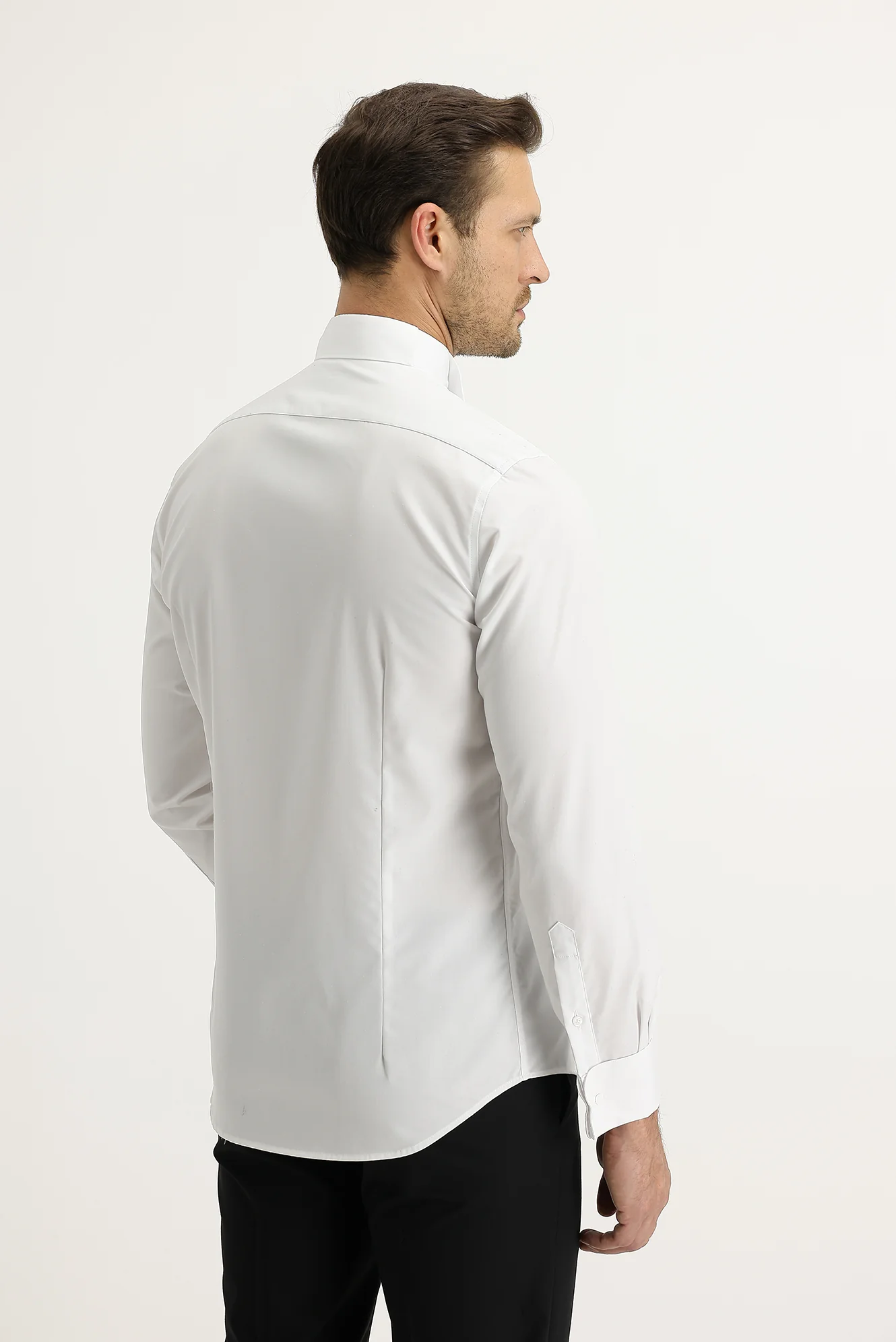 Beyaz Ata Yaka Slim Fit Dar Kesim Piliseli Pamuk Gömlek - Image 3