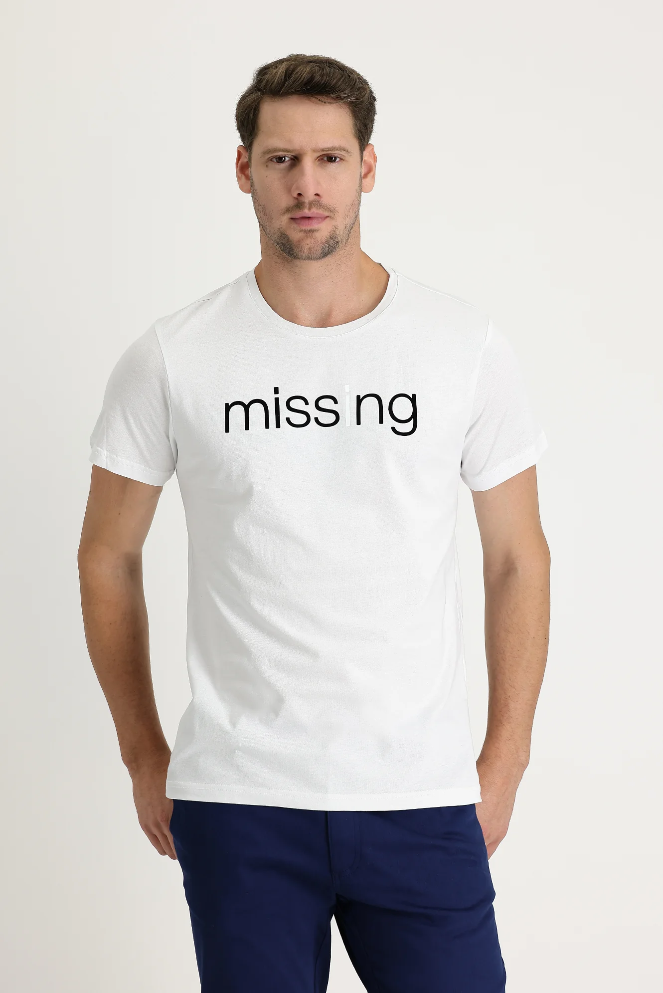 Beyaz Bisiklet Yaka Baskılı Slim Fit Dar Kesim Pamuk Tişört - Image 2