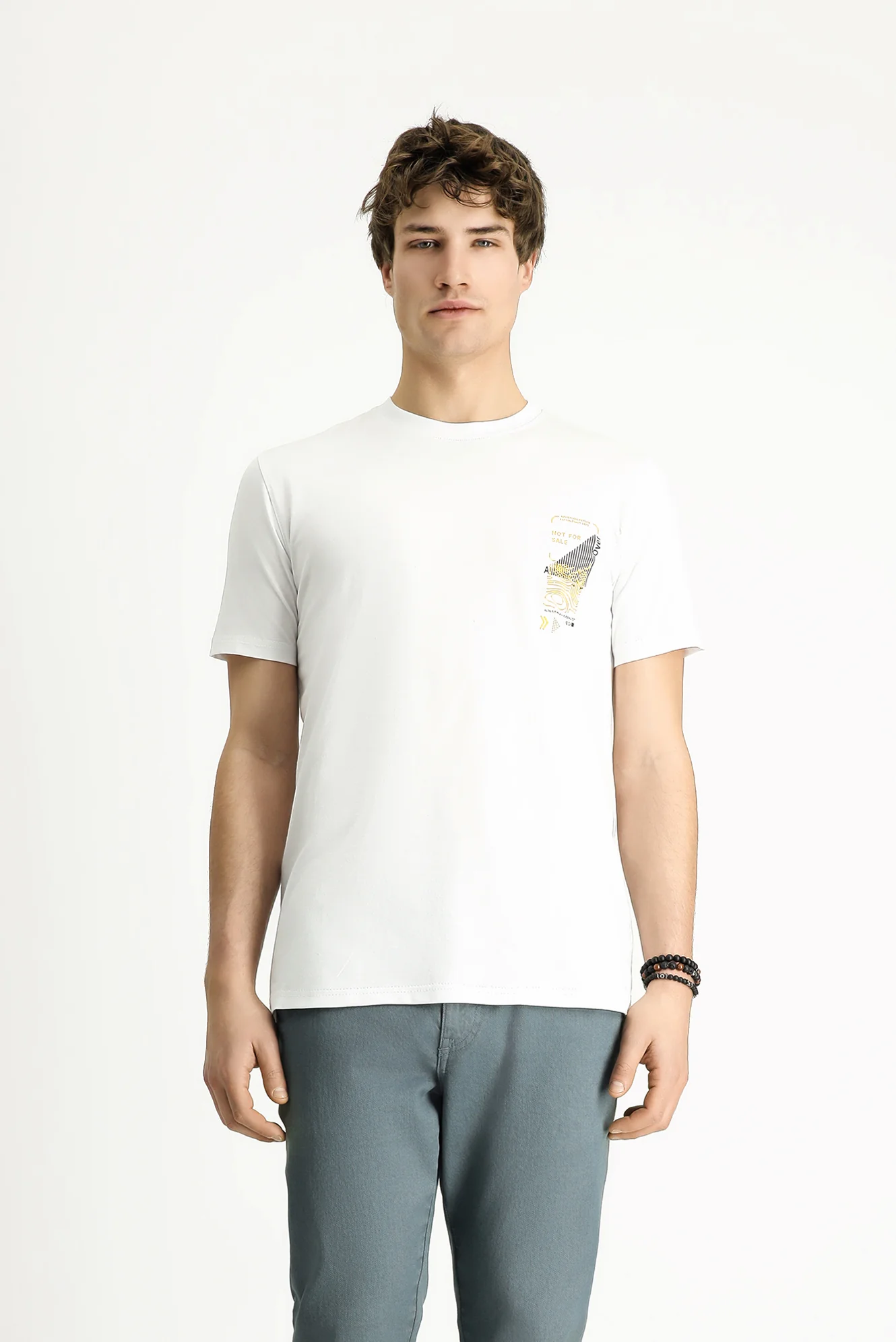 Beyaz Bisiklet Yaka Slim Fit Dar Kesim Baskılı Pamuk Tişört - Image 5