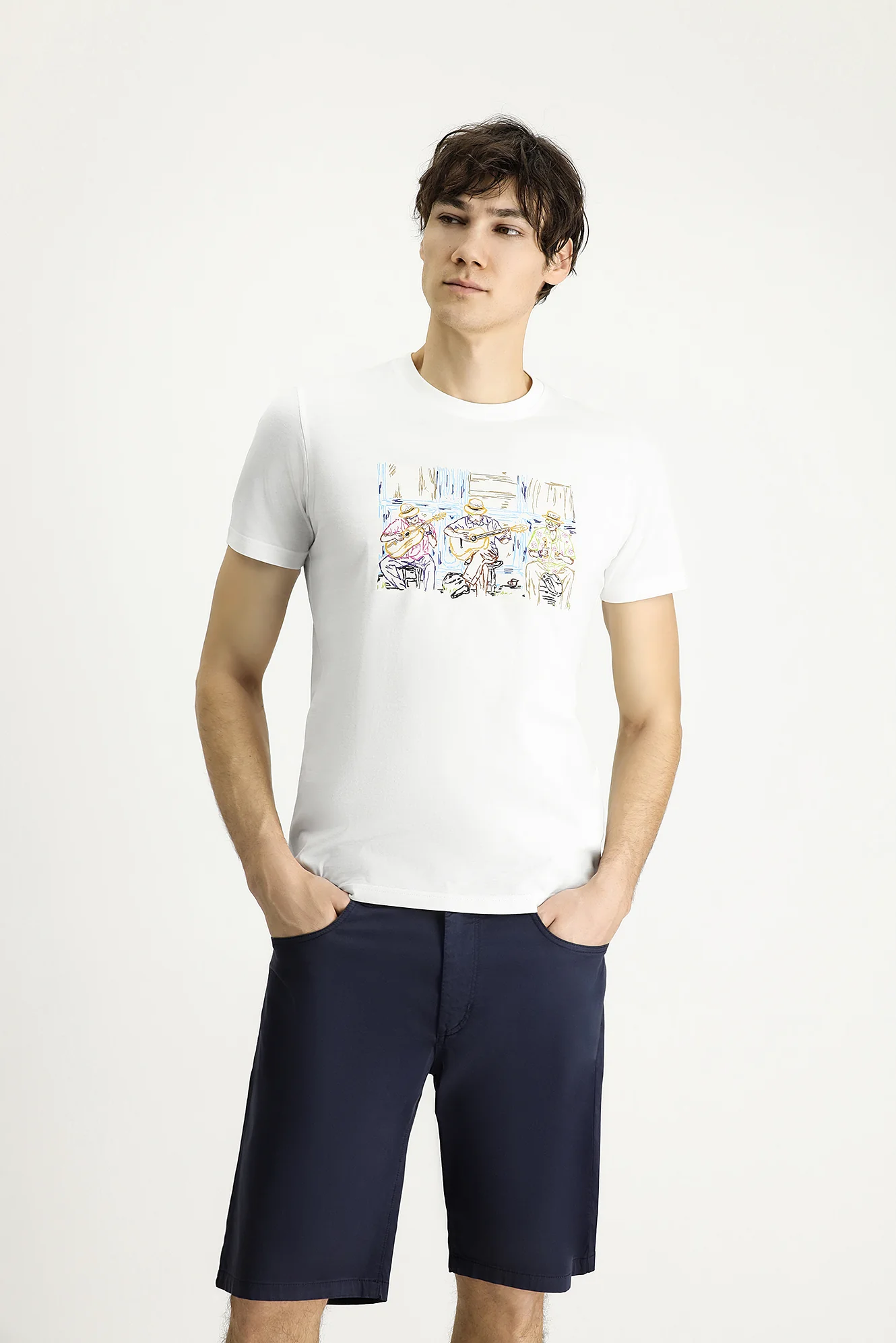 Beyaz Bisiklet Yaka Slim Fit Dar Kesim Baskılı Pamuk Tişört - Image 3