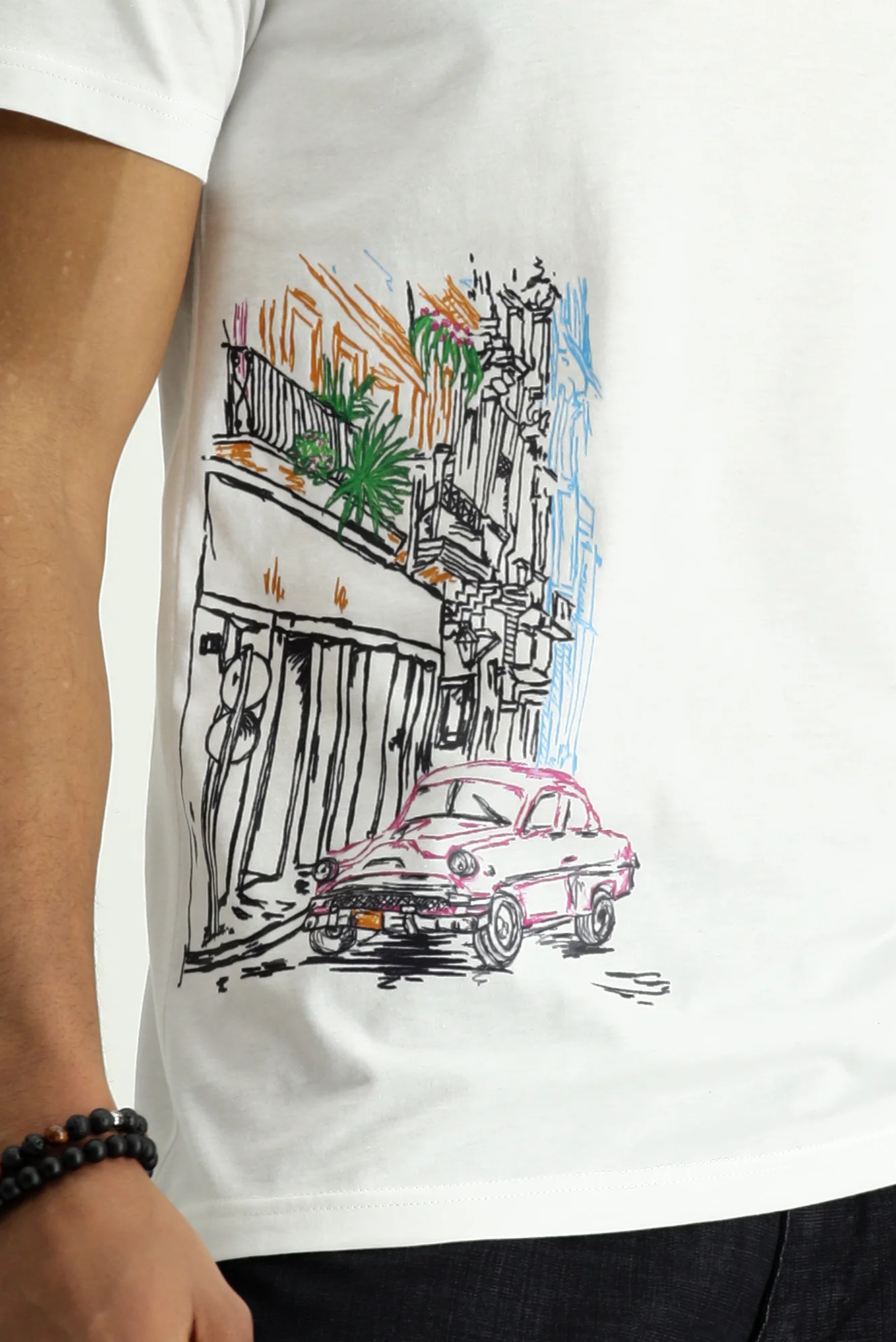 Beyaz Bisiklet Yaka Slim Fit Dar Kesim Baskılı Pamuk Tişört - Image 3