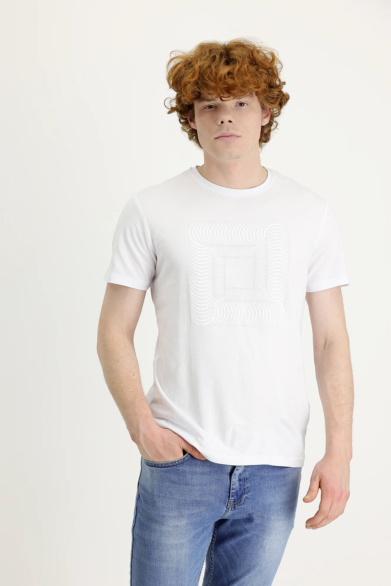 Beyaz Bisiklet Yaka Slim Fit Dar Kesim Baskılı Tişört - Image 2