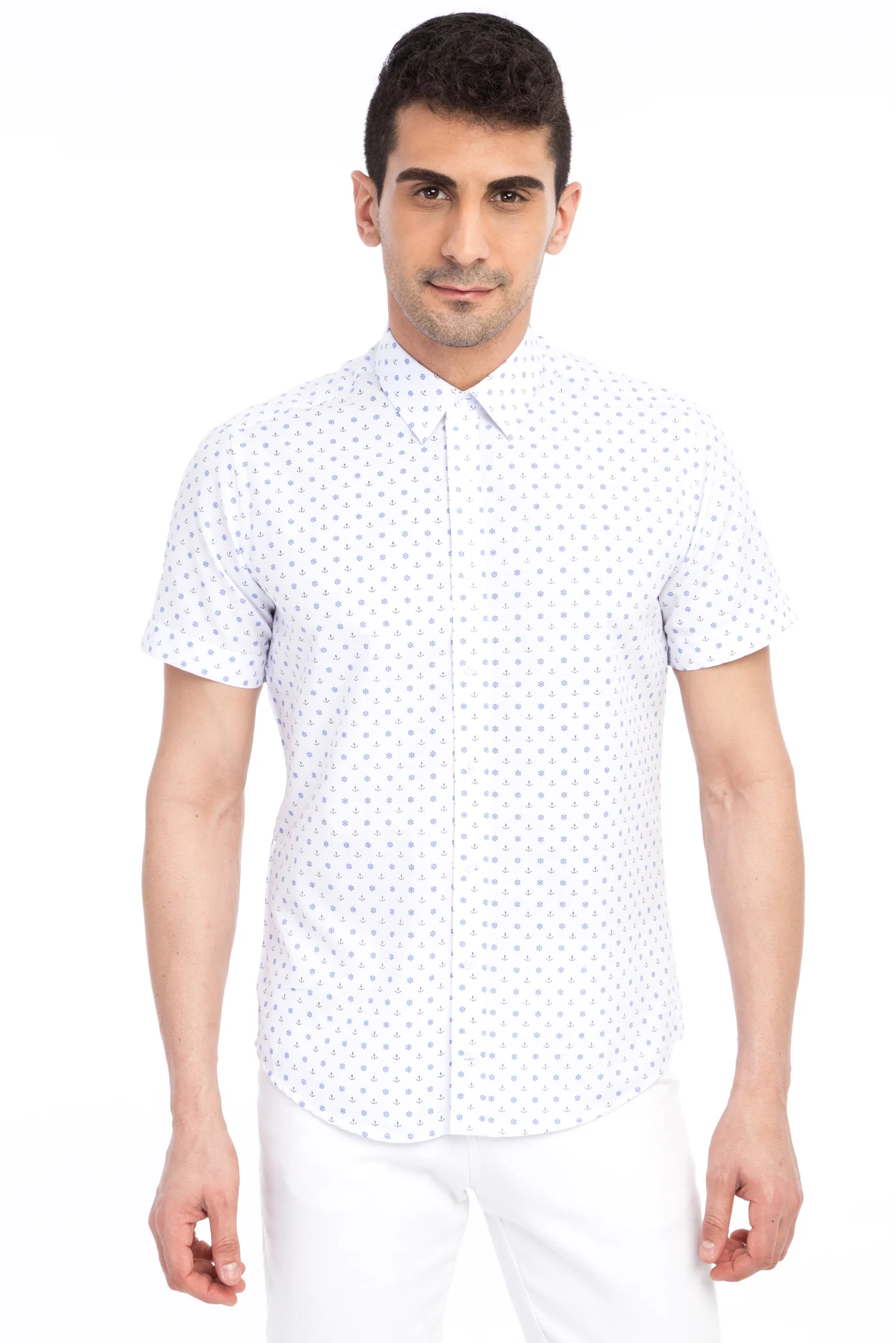 Beyaz Kısa Kol Baskılı Slim Fit Dar Kesim Gömlek