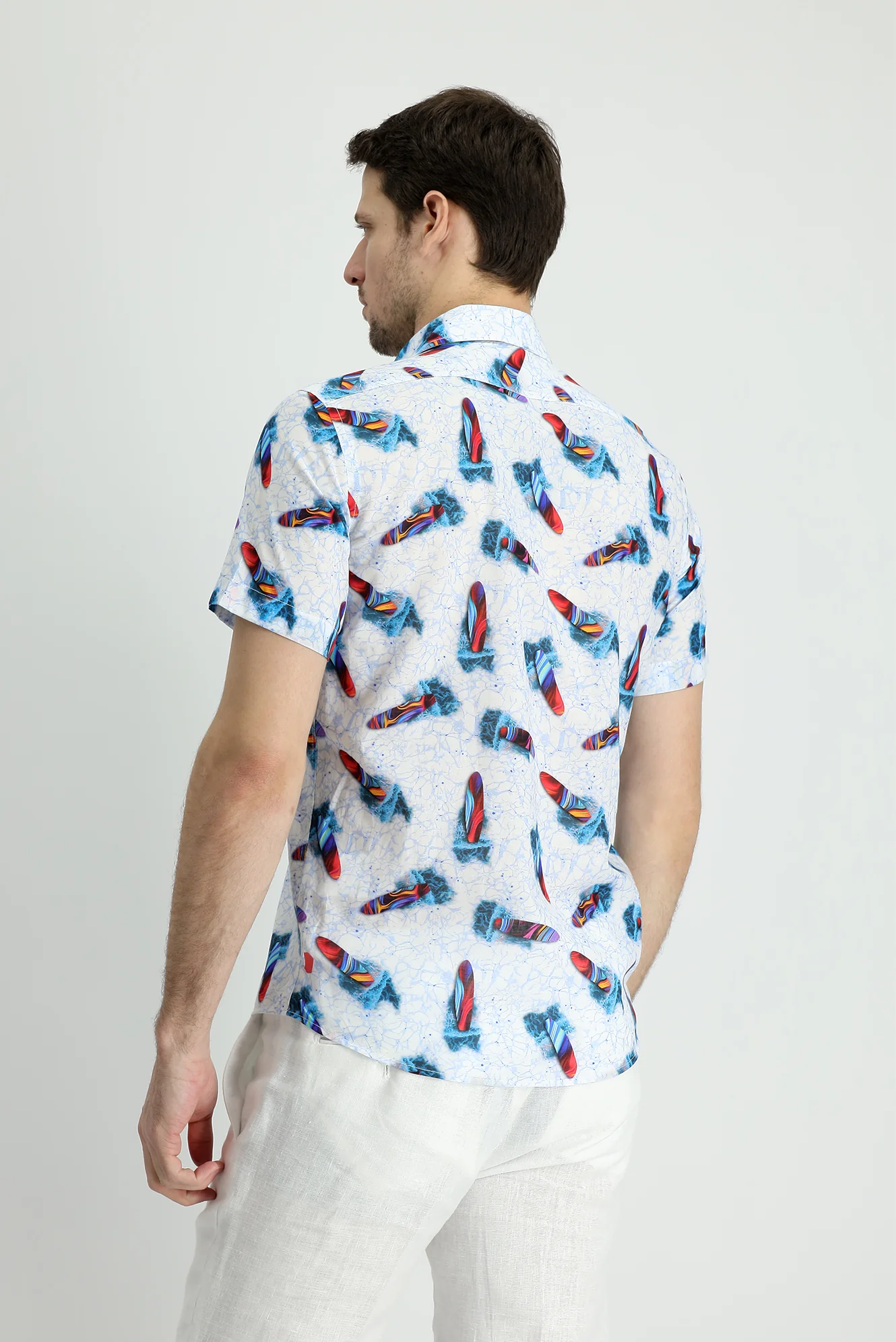Beyaz Kısa Kol Slim Fit Dar Kesim Baskılı Pamuk Gömlek - Image 3