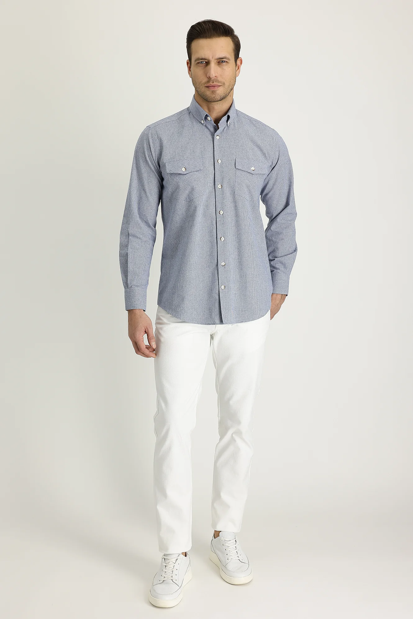 Beyaz Slim Fit Dar Kesim Likralı Kanvas / Chino Pantolon