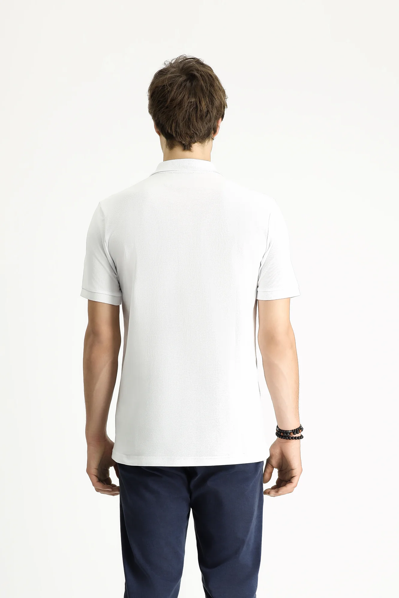 Beyaz Polo Yaka Slim Fit Dar Kesim Nakışlı Pamuk Tişört - Image 5