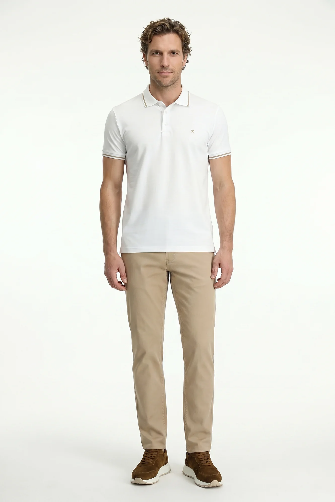 Beyaz Polo Yaka Slim Fit Yumuşak Dokulu Nakışlı Pamuklu Likralı Esnek Tişört - Image 5