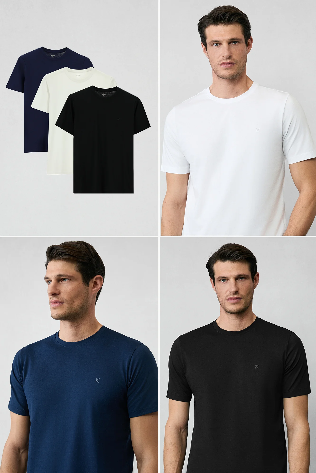 Beyaz-Siyah-Lacivert Bisiklet Yaka Regular Fit %100 Pamuk 3'lü Paket Tişört Seti