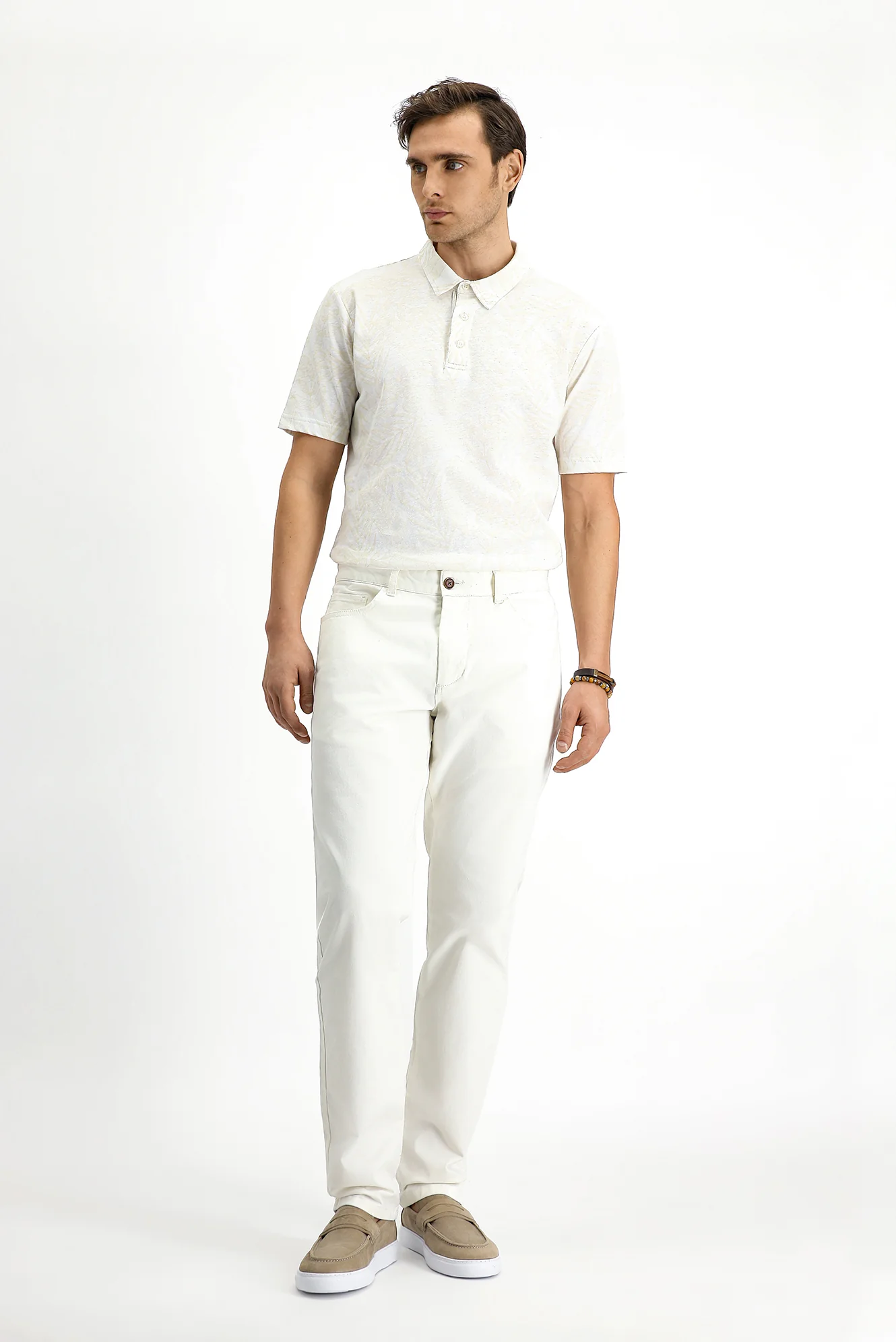 Beyaz Slim Fit Dar Kesim Baskılı Pamuk Polo Yaka Tişört - Image 2