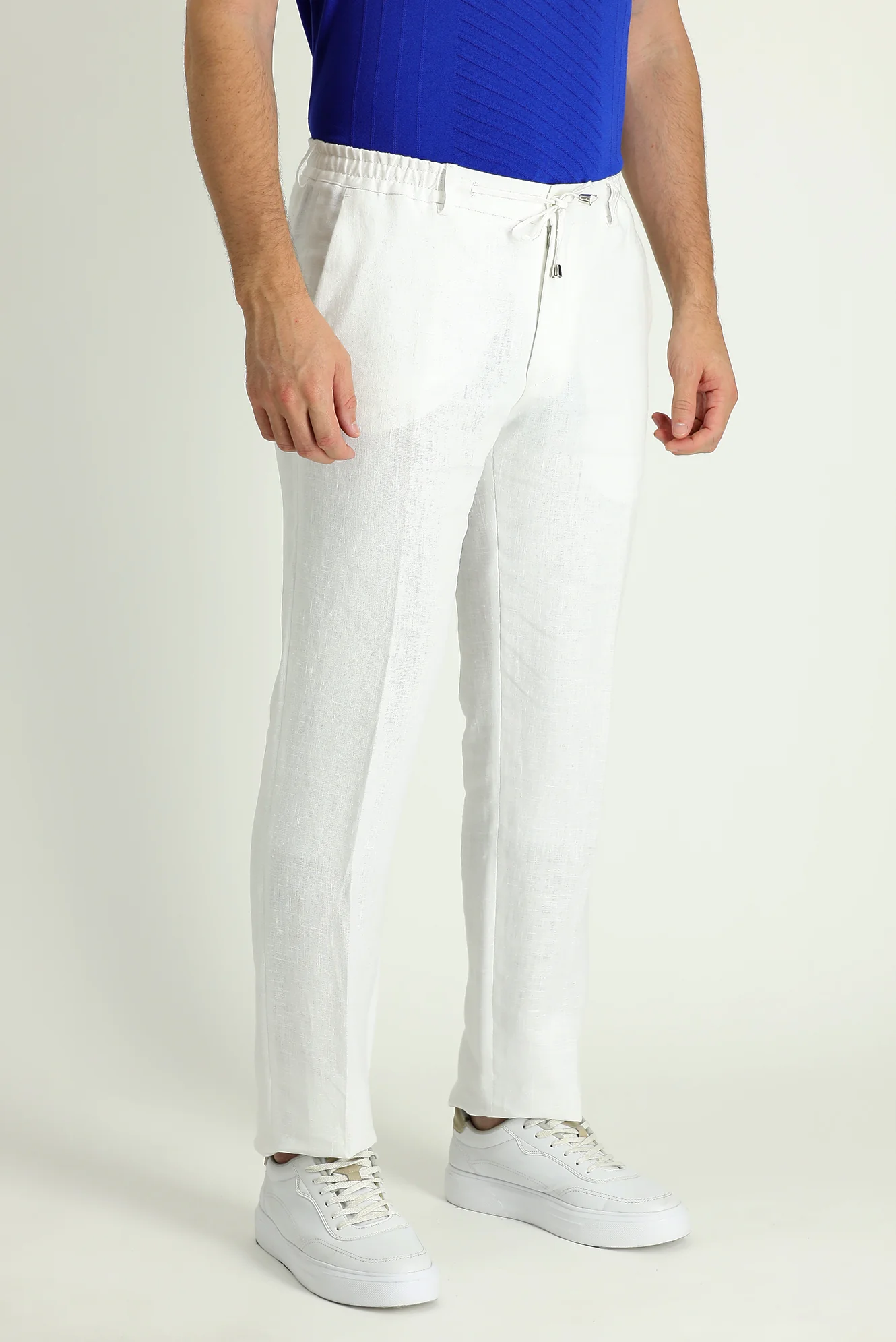 Beyaz 7 Drop Slim Fit Dar Kesim Beli Lastikli İpli Keten Klasik Kumaş Pantolon - Image 2