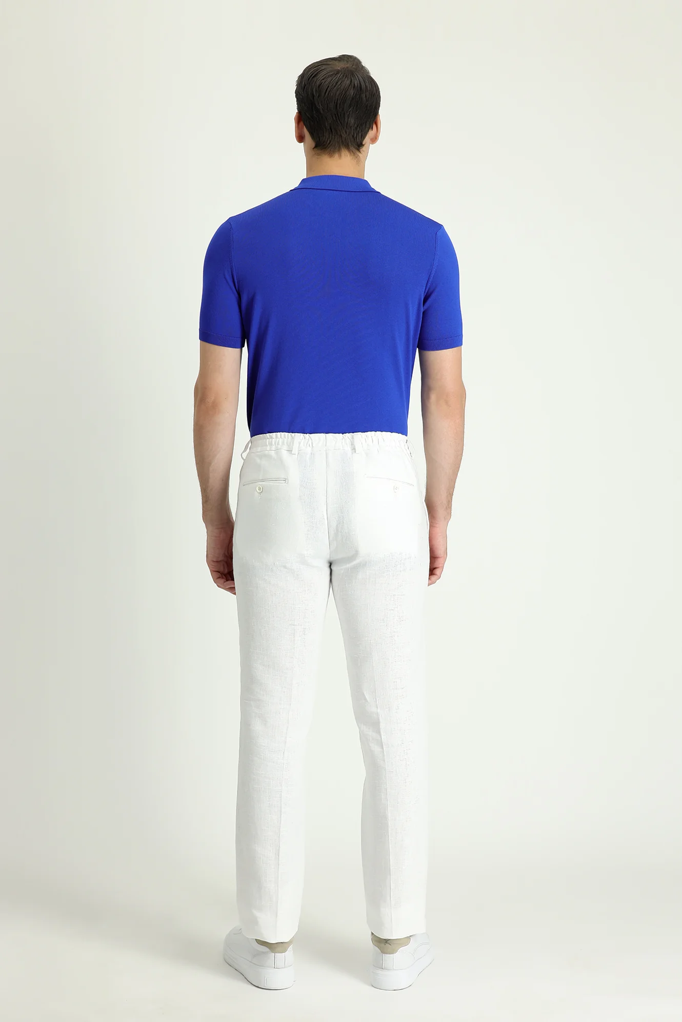 Beyaz 7 Drop Slim Fit Dar Kesim Beli Lastikli İpli Keten Klasik Kumaş Pantolon - Image 3