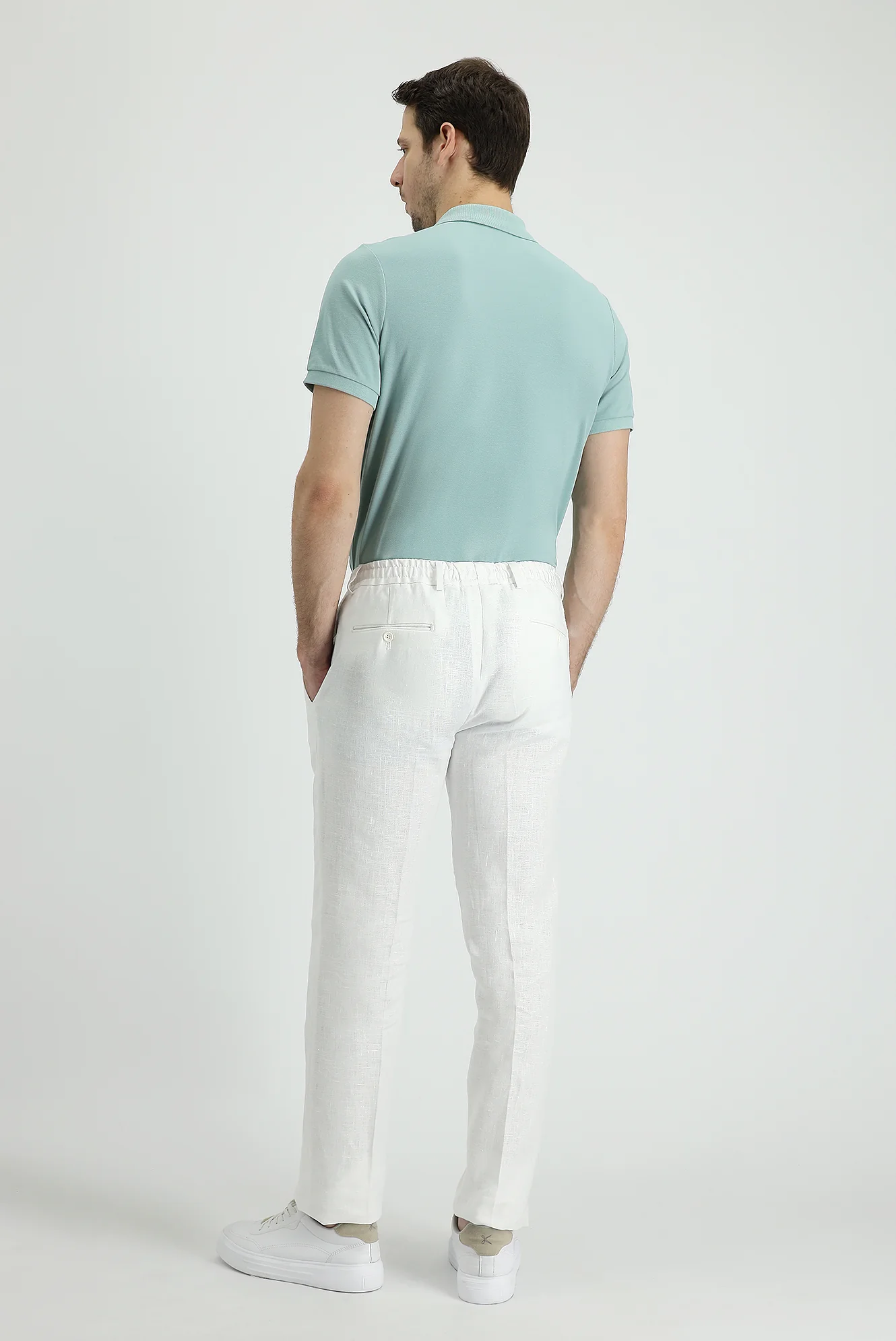 Beyaz 7 Drop Slim Fit Dar Kesim Beli Lastikli İpli Keten Klasik Kumaş Pantolon - Image 5
