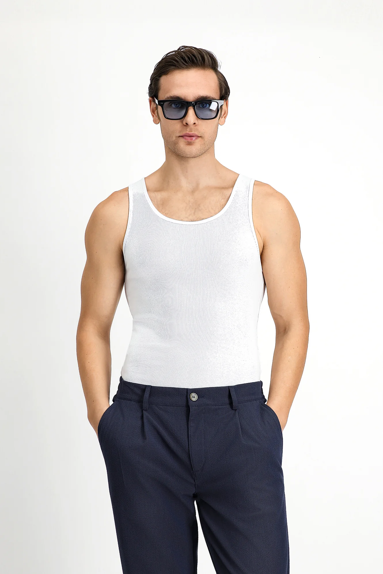 Beyaz Slim Fit Dar Kesim Pamuk Fitilli Atlet