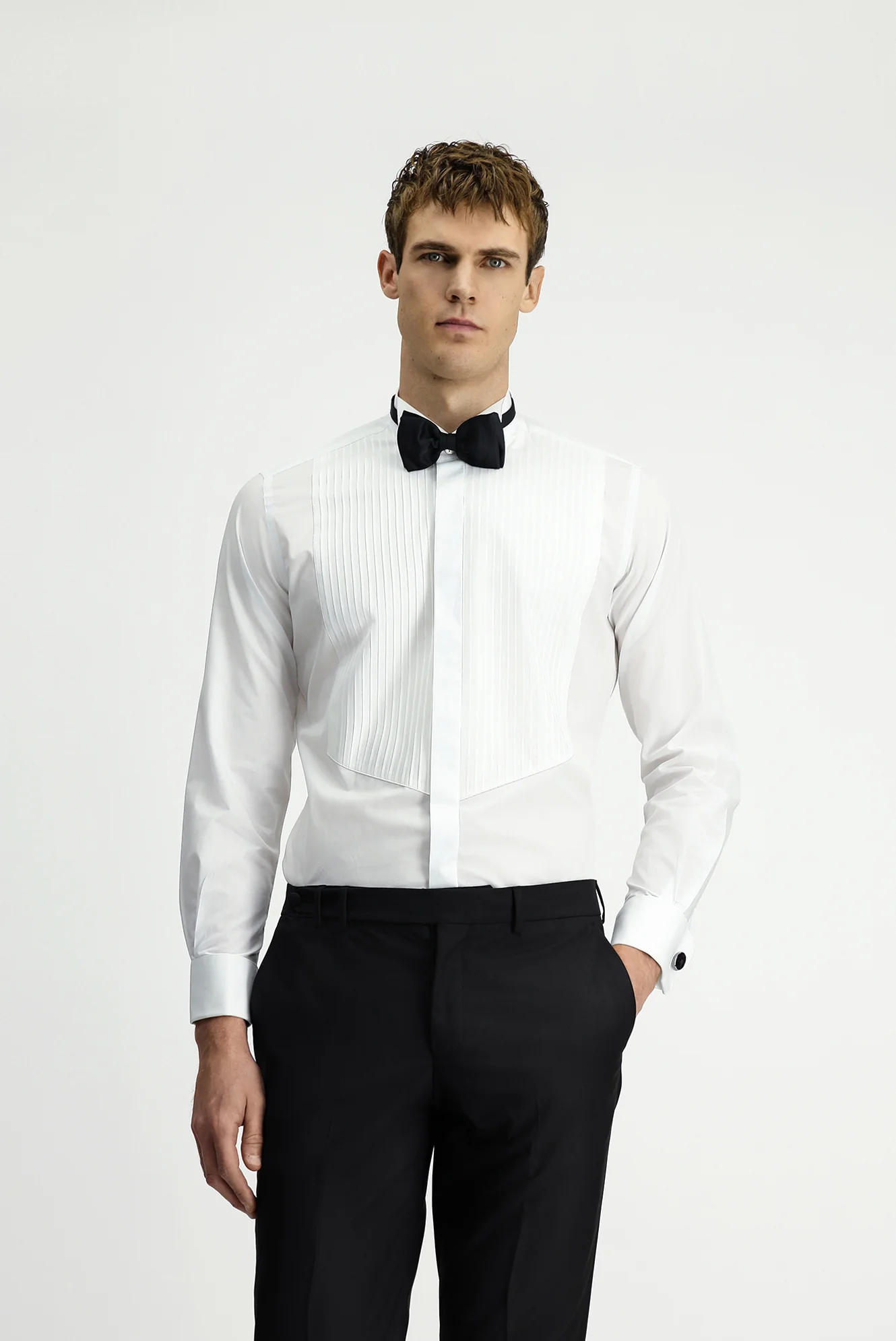 Beyaz Ata Yaka Slim Fit Dar Kesim Pamuk Piliseli Gömlek - Image 3