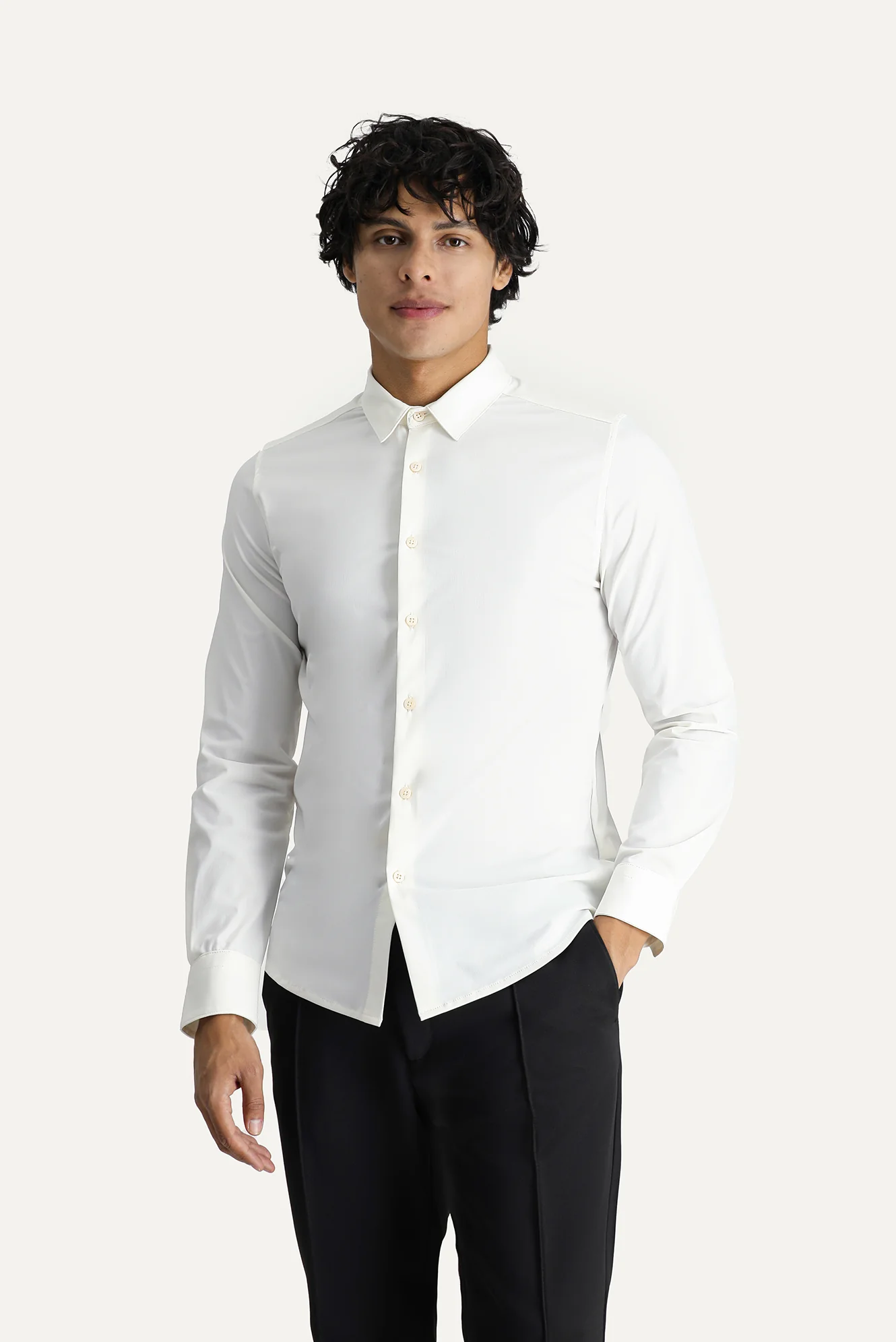 Beyaz Techno-Line Uzun Kol Slim Fit Dar Kesim Gömlek - Image 3