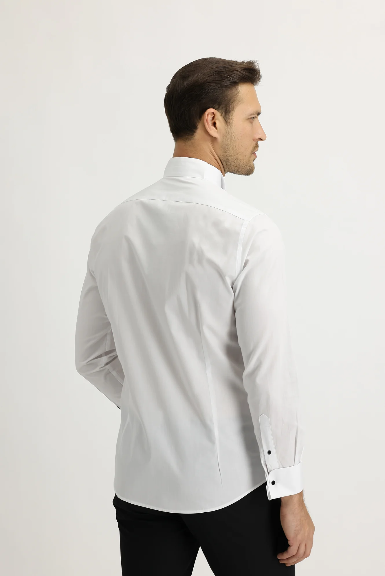 Beyaz Uzun Kol Ata Yaka Slim Fit Dar Kesim Pamuk Gömlek - Image 3