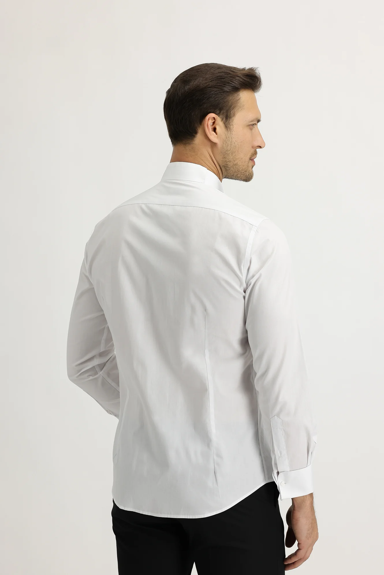 Beyaz Uzun Kol Ata Yaka Slim Fit Dar Kesim Pamuk Gömlek - Image 4