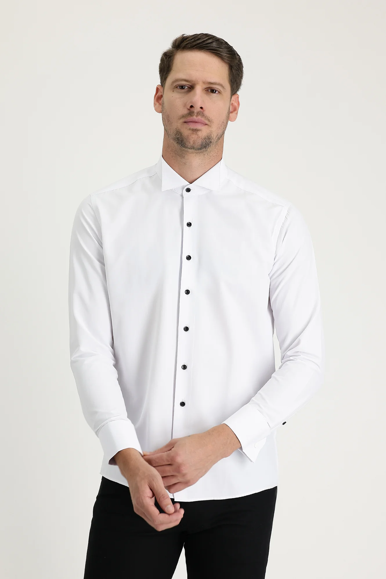 Beyaz Uzun Kol Ata Yaka Slim Fit Dar Kesim Pamuklu Kolay Ütülenebilir Gömlek - Image 2