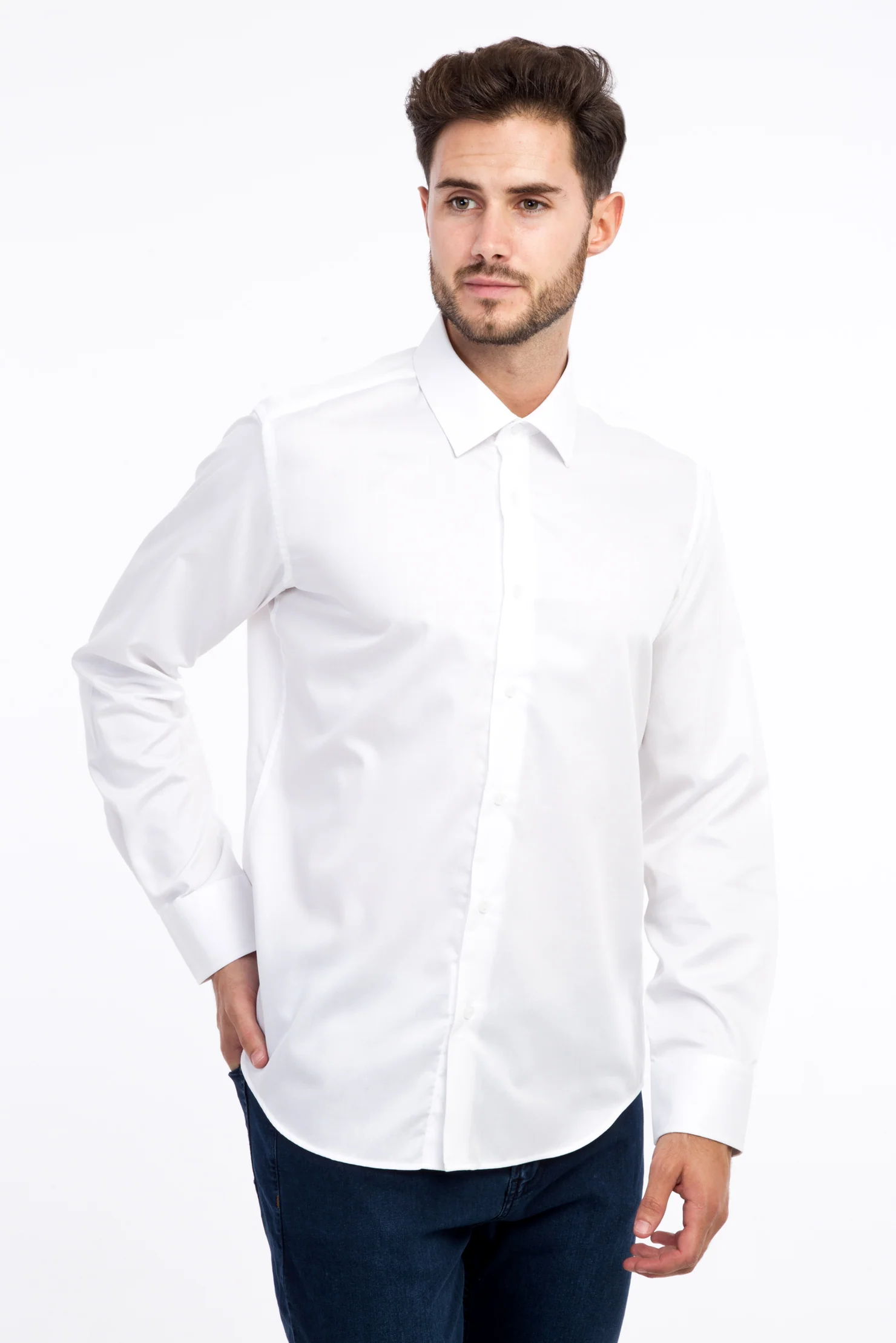 Beyaz Uzun Kol Non Iron Saten Slim Fit Dar Kesim Gömlek