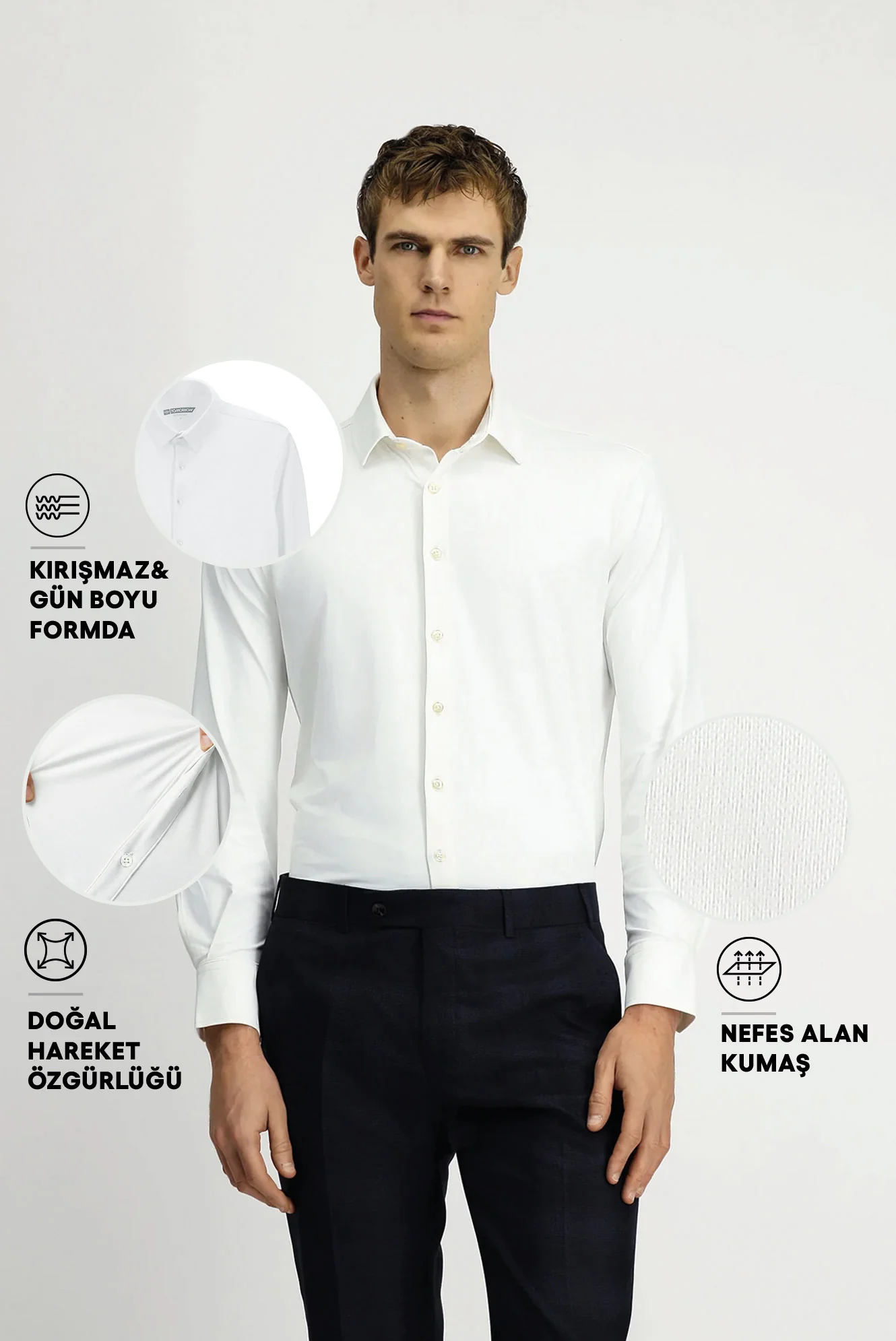 Beyaz Techno-Line Uzun Kol Regular Fit Likralı Esnek Gömlek