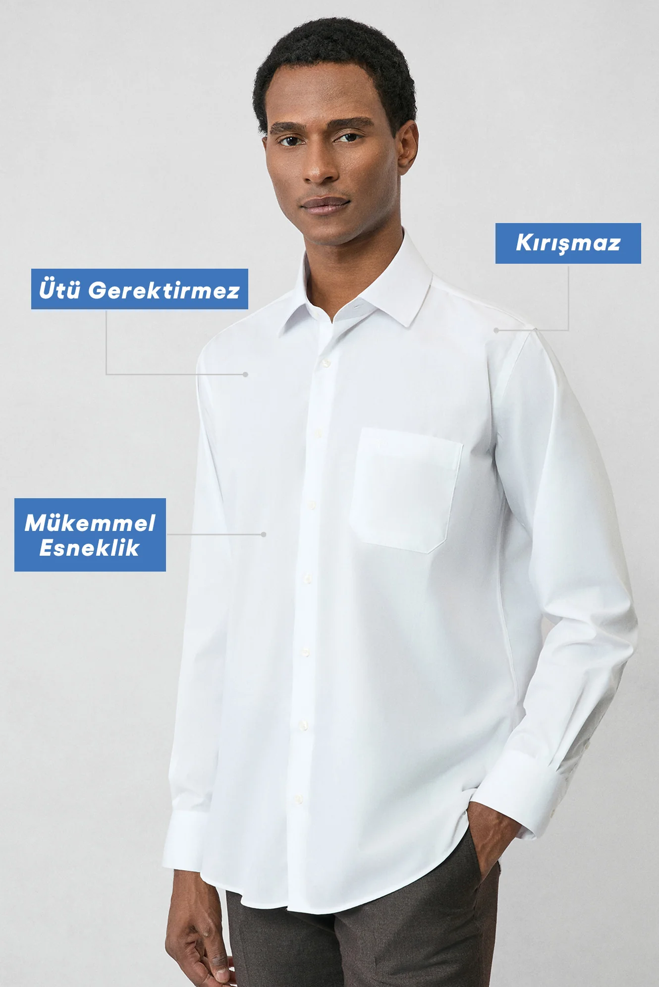 Beyaz Uzun Kol Regular Fit Klasik Yaka Cepli Pamuklu Non Iron Ütü Gerektirmeyen Gömlek