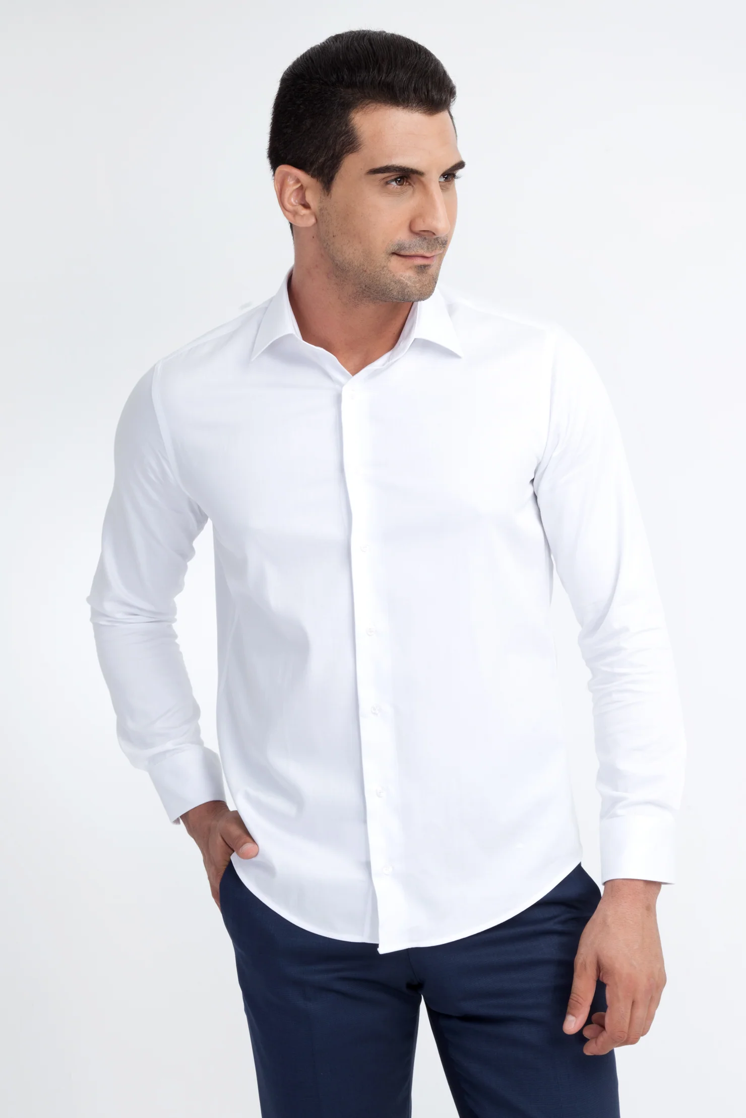 Beyaz Uzun Kol Saten Slim Fit Dar Kesim Pamuk Gömlek - Image 2