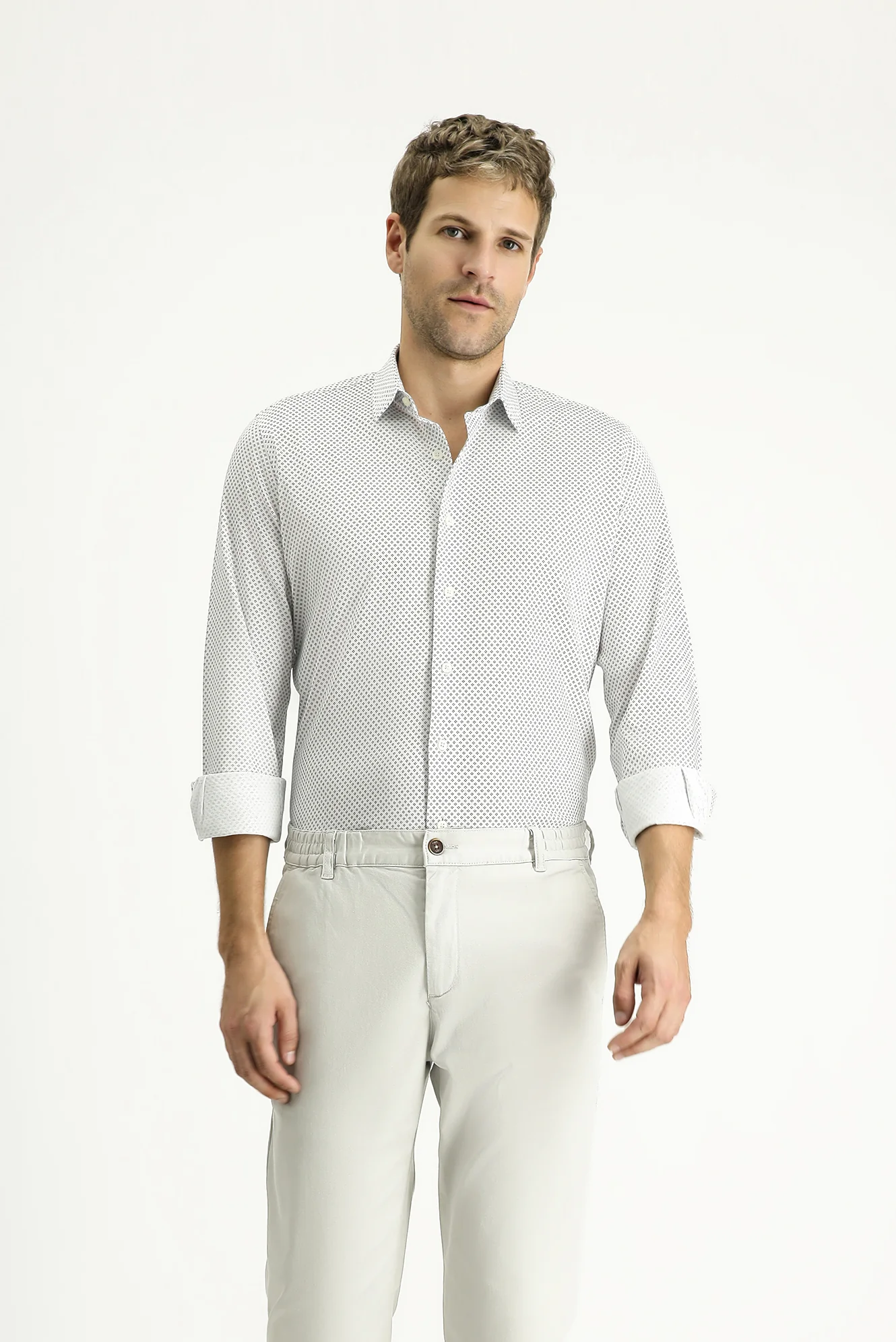 Beyaz Uzun Kol Slim Fit Dar Kesim Baskılı Pamuk Gömlek